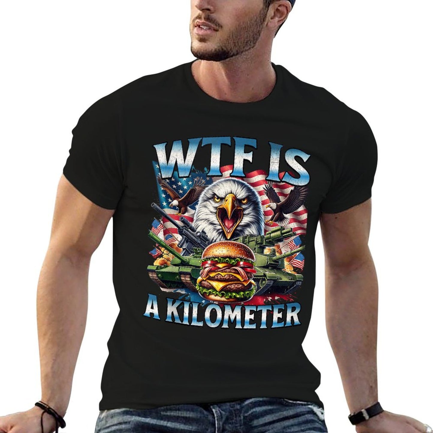 Retro WTF Is A Kilometer Funny Patriotic American Freedom Oversized Silhouette T-Shirt