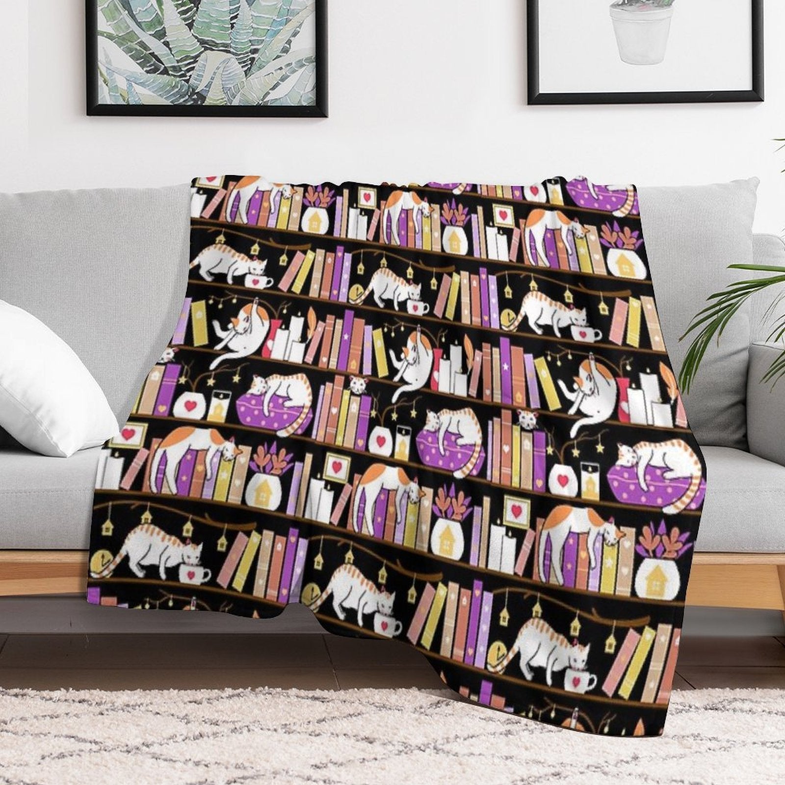 Library Cats - Dreamy Violet Sustainable Throw Blanket