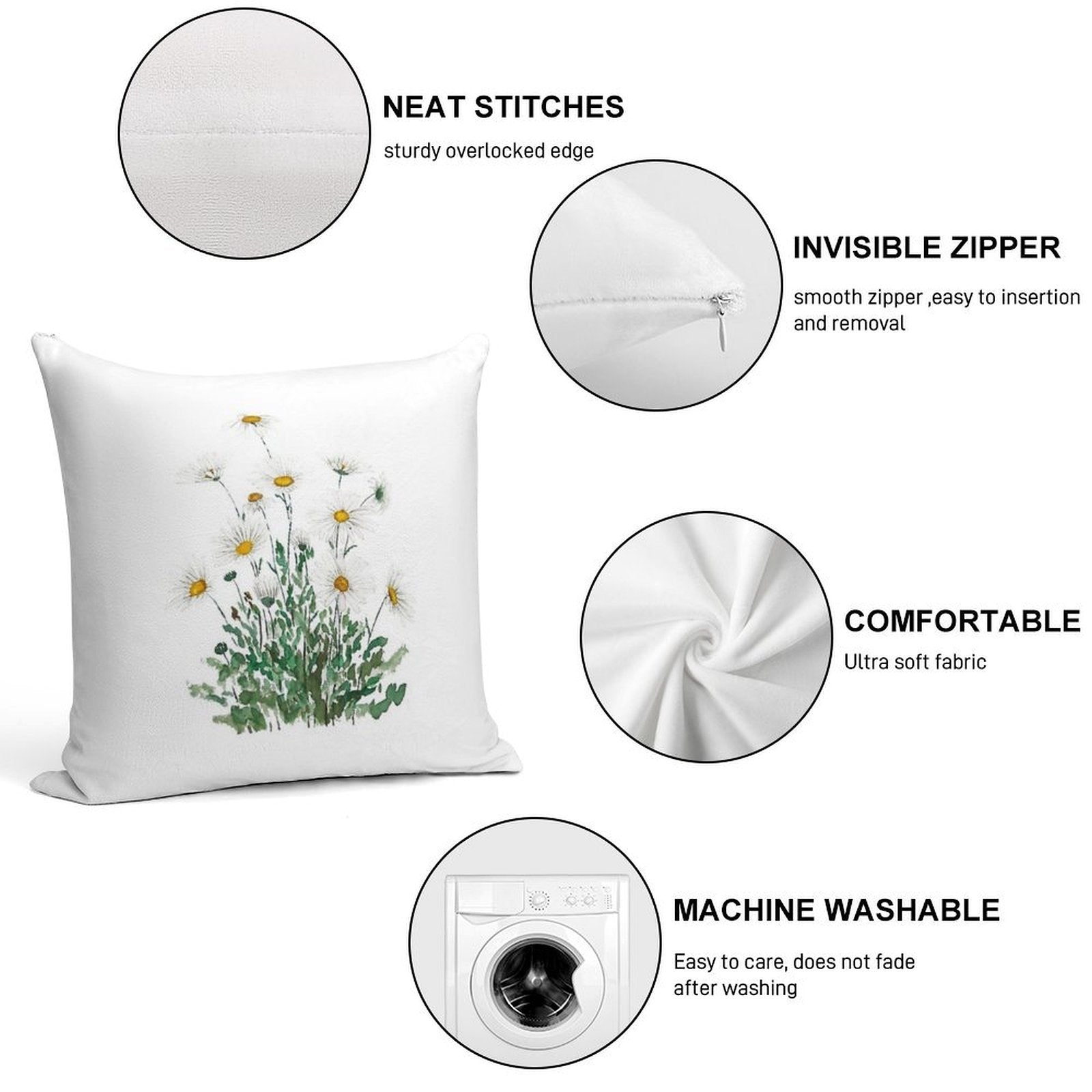 Hand Painted White Margaret Daisy Watercolor Soft Washable Throw Pillow