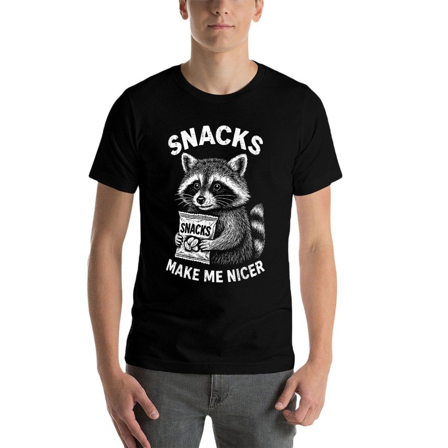 Snacks Make Me Nicer Raccoon Animal Funny Saying Humor Meme Polyester Blend T-Shirt