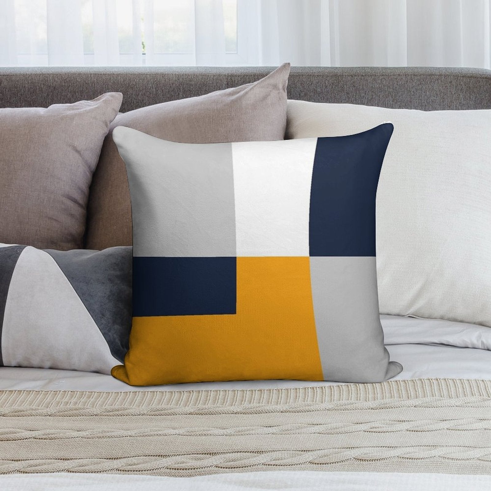 Modern Color Block - Navy, Grey And Yellow Soft Luxury Feel Throw Pillow