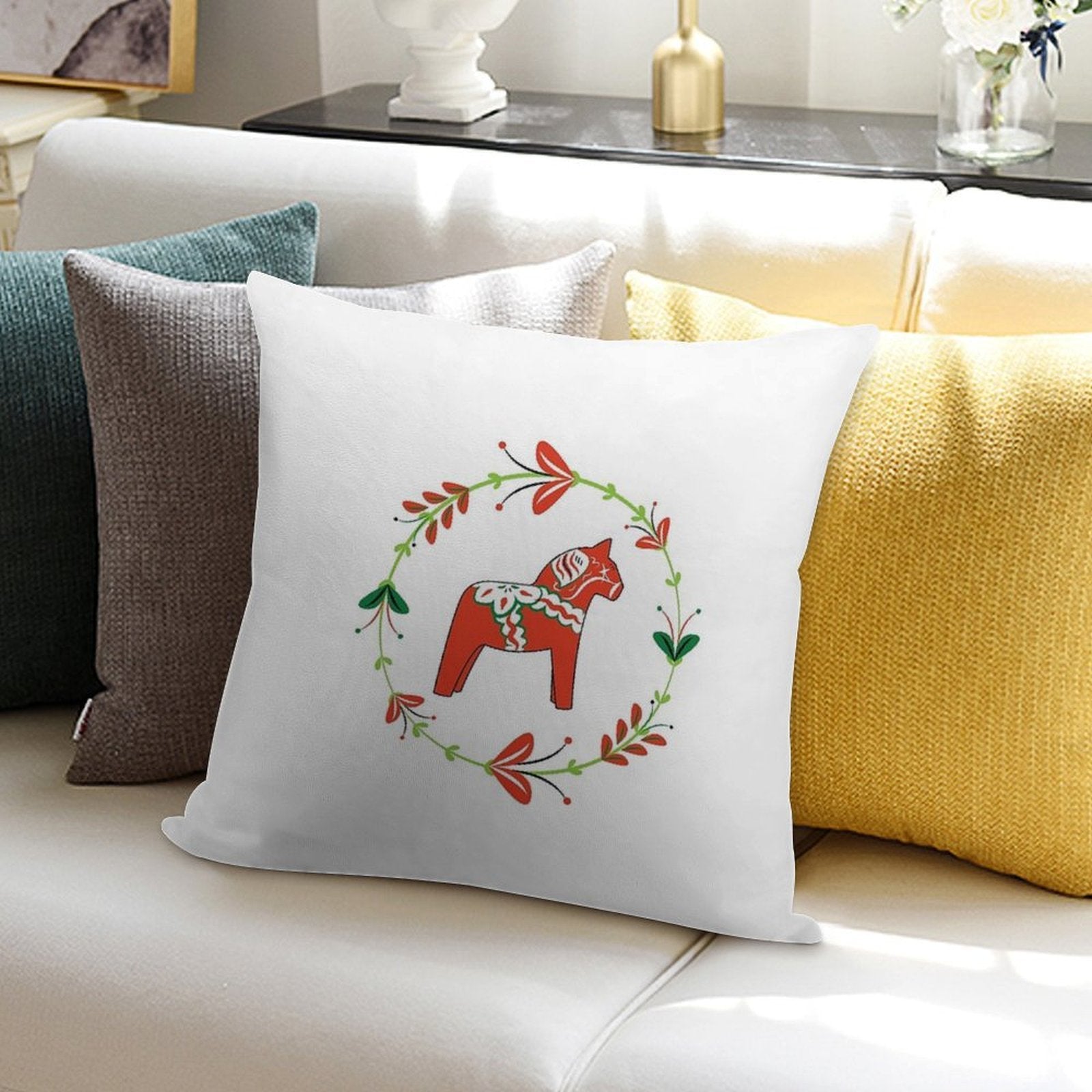 Dala Horse with Swedish Folk Art Wreath Soft Home Decor Throw Pillow