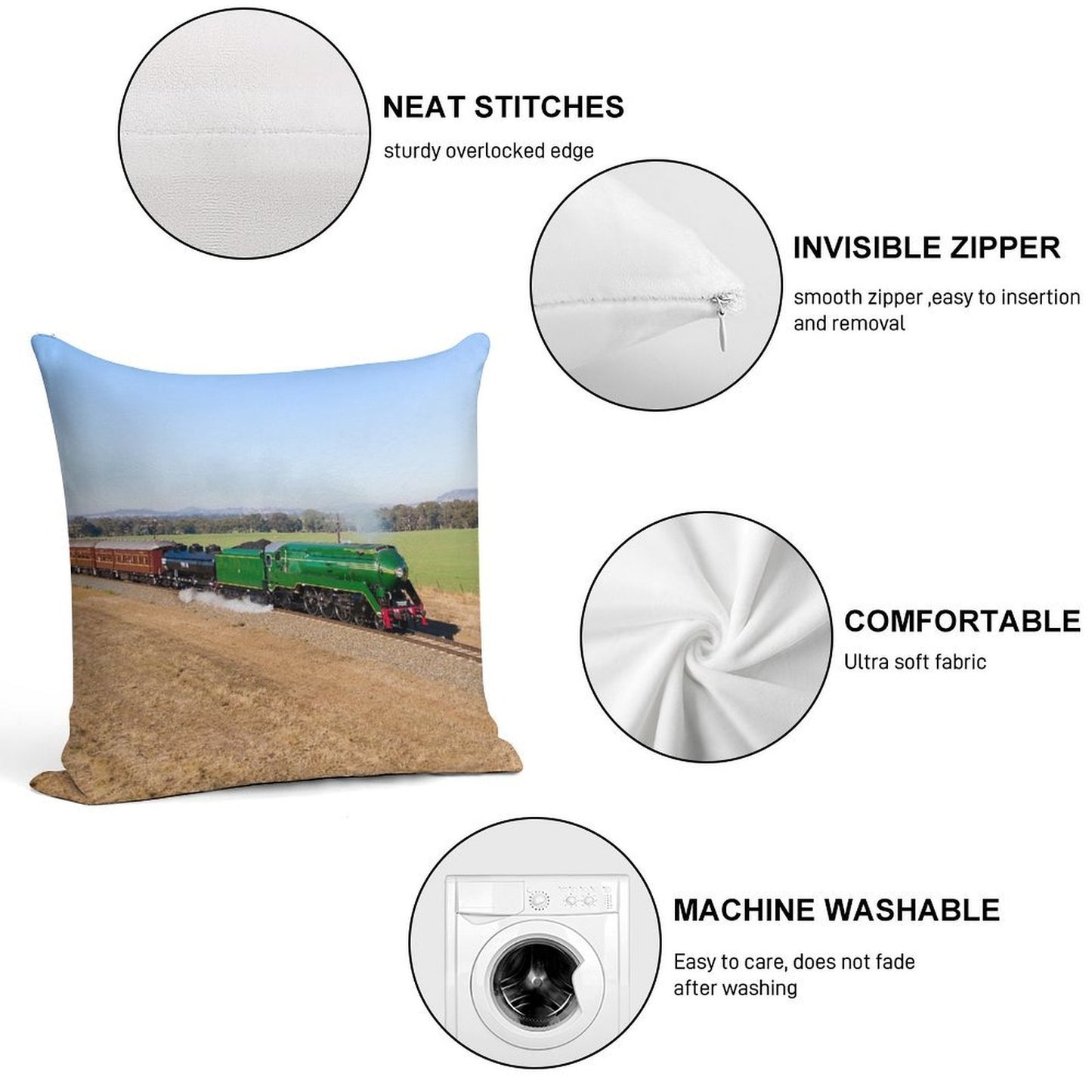 Riverina 3801 - Australian Steam Locomotive. Soft Hidden Zipper Throw Pillow