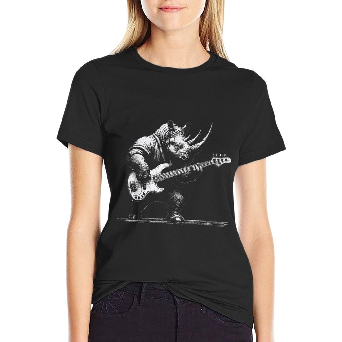 Rock Rhino Playing Bass Guitar - Funny Guitar Rhino Music Eco-friendly Material T-Shirt