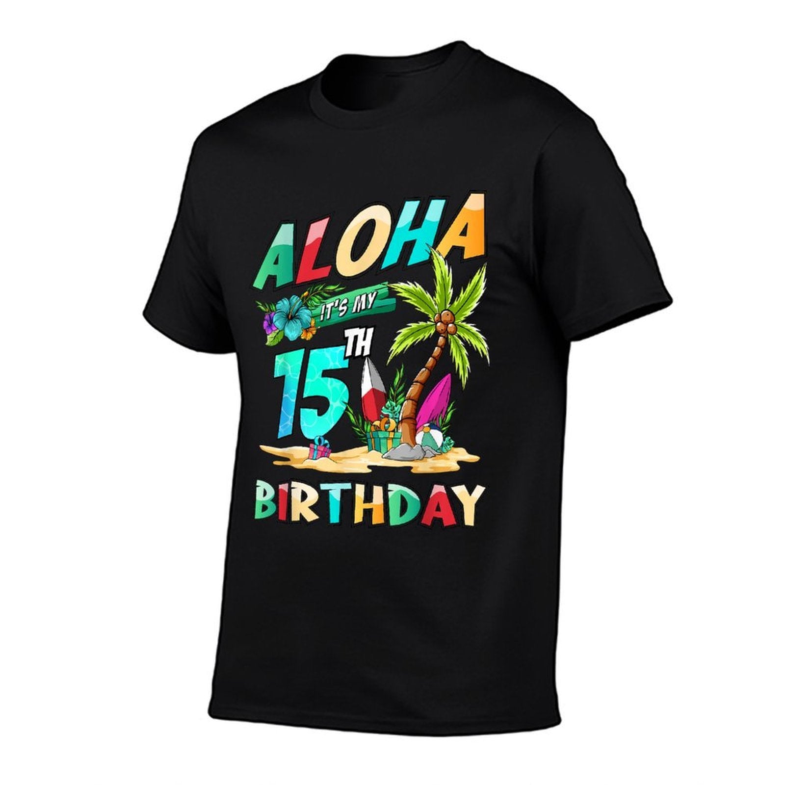 Aloha 15th Birthday Hawaiian Beach Tropical Theme Bday  Rolled Sleeves T-Shirt