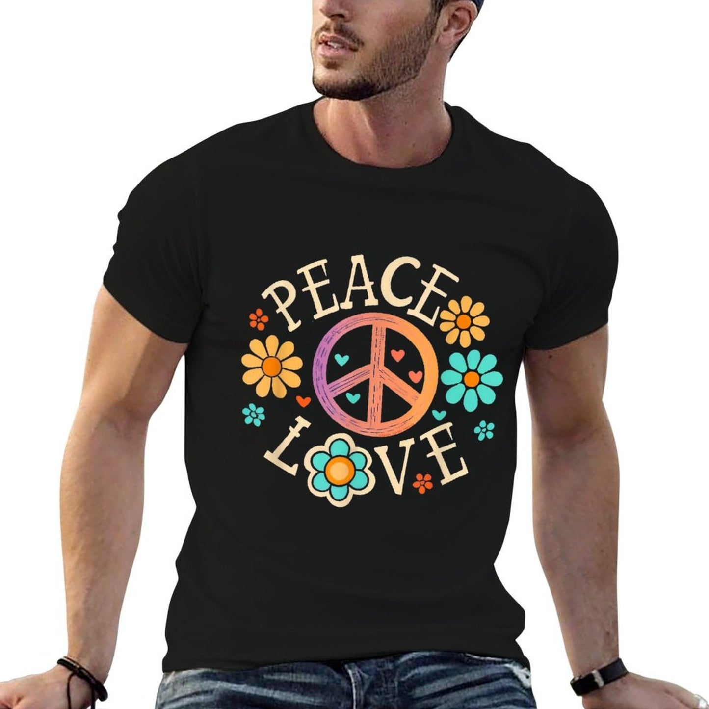 Retro 60s 70s Groovy Hippie Flowers Peace Sign Peace Love  Moisture-wicking T-Shirt