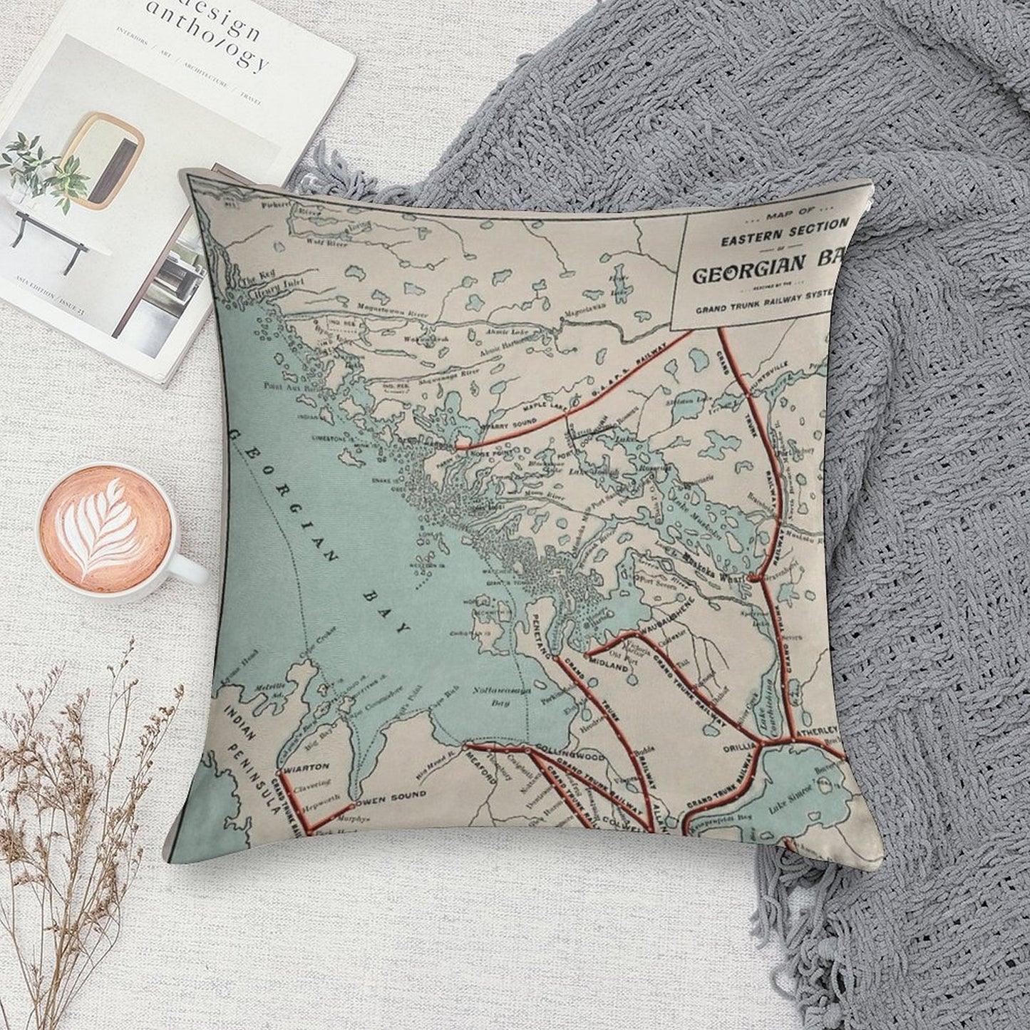 Vintage Map of Georgian Bay And Muskoka Lakes Soft Reinforced Edging Throw Pillow