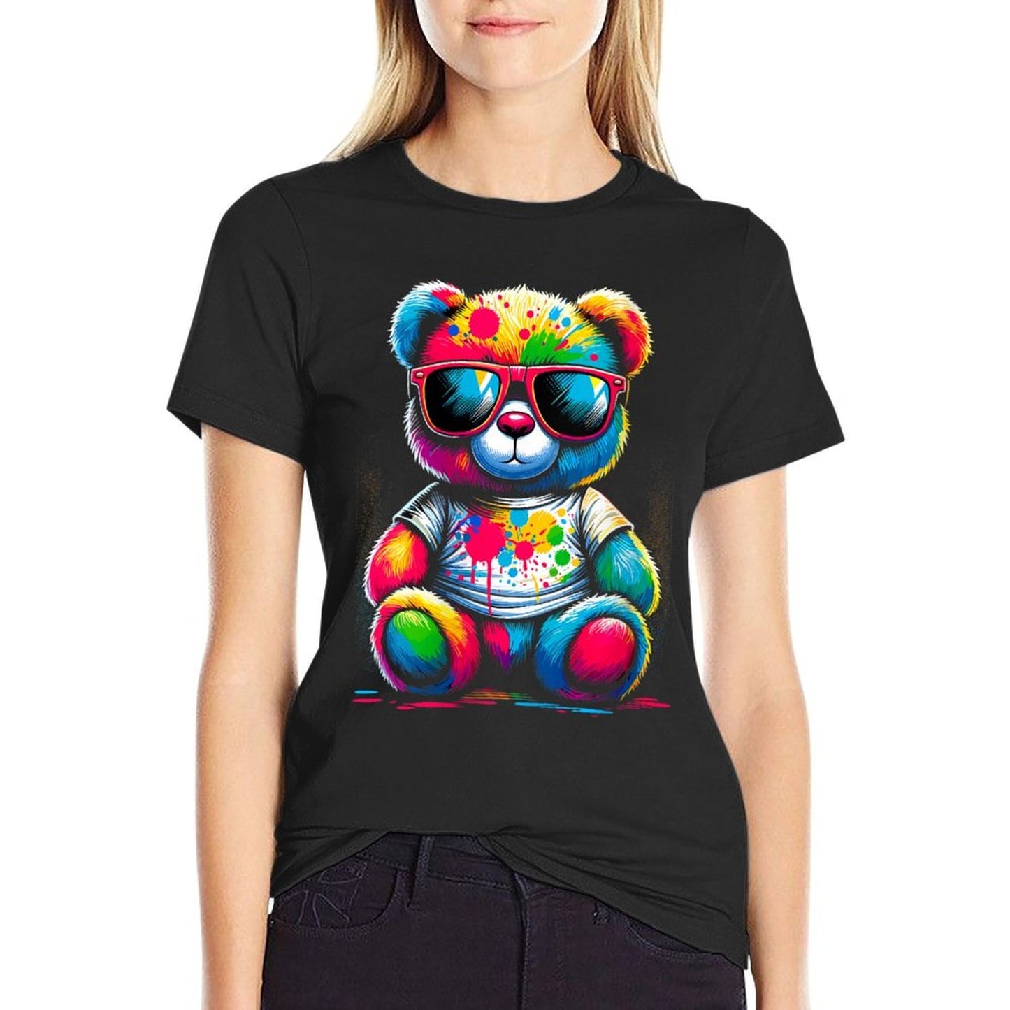Womens Colorful Teddy Bear with Sunglasses Moisture-wicking T-Shirt