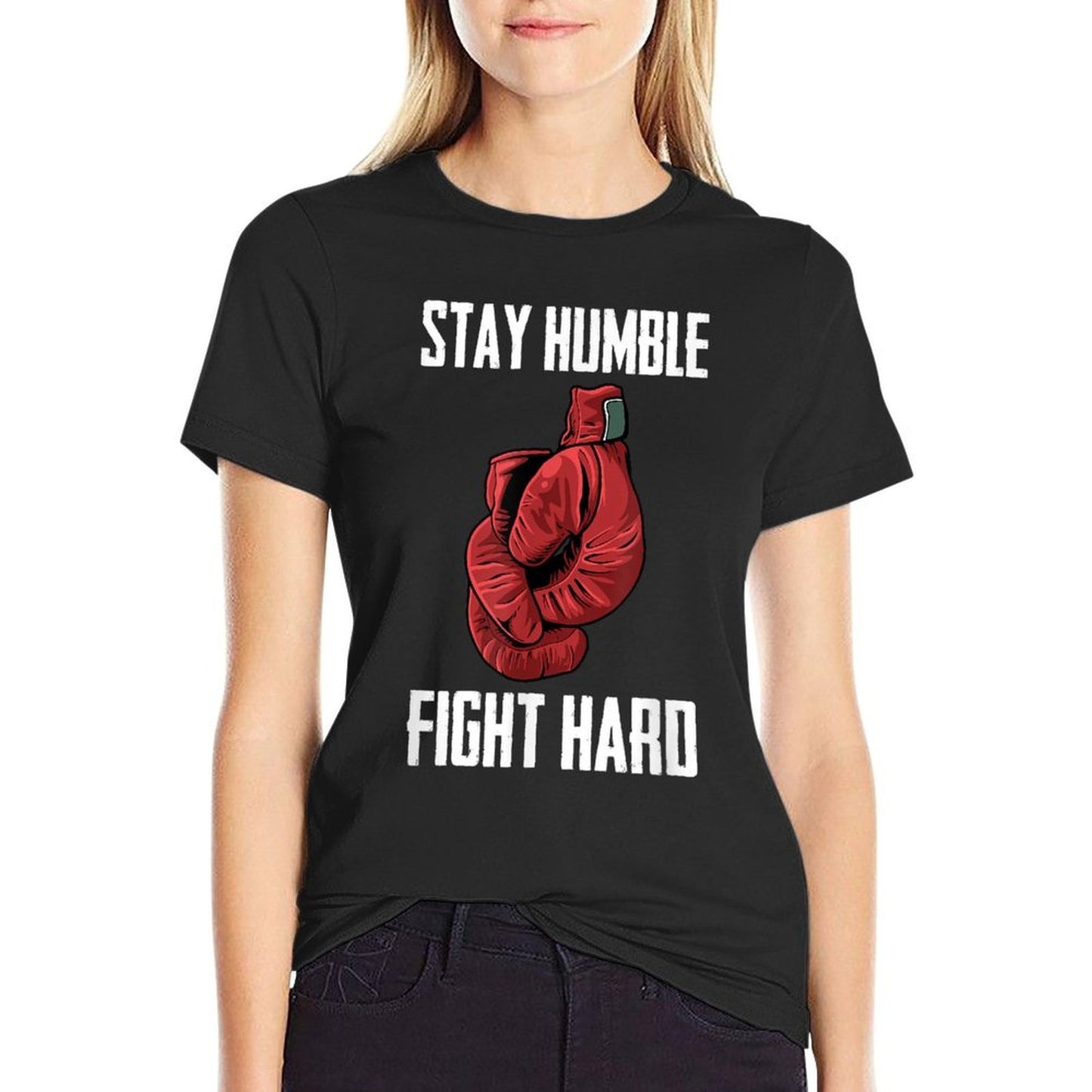 Stay Humble Fight Hard Boxing Gloves - Boxer Ribbed Collar T-Shirt
