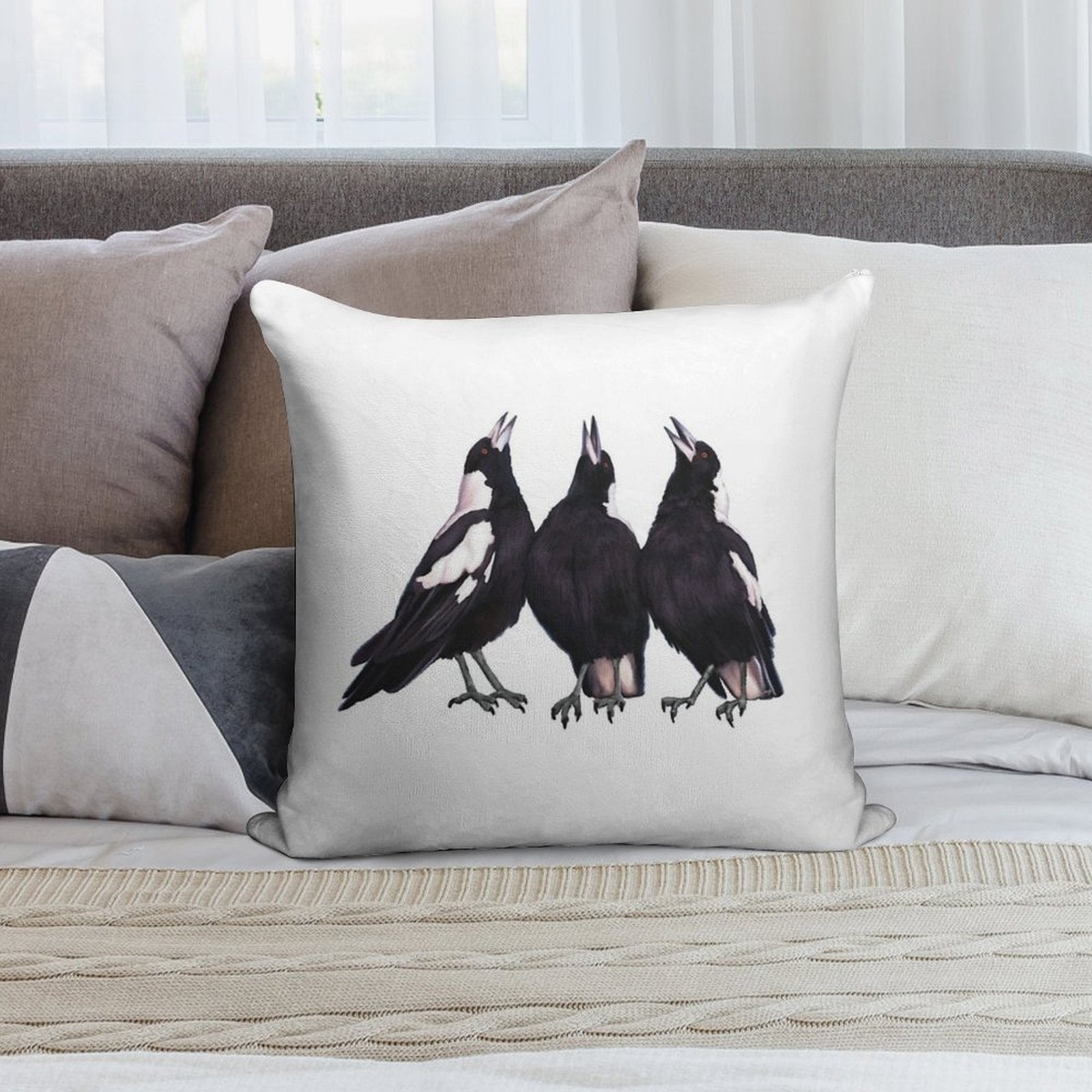 Trio of Warbling Magpies. Australian Theme Decor, Original Artwork. Unique Gift. Soft Luxury Feel Throw Pillow