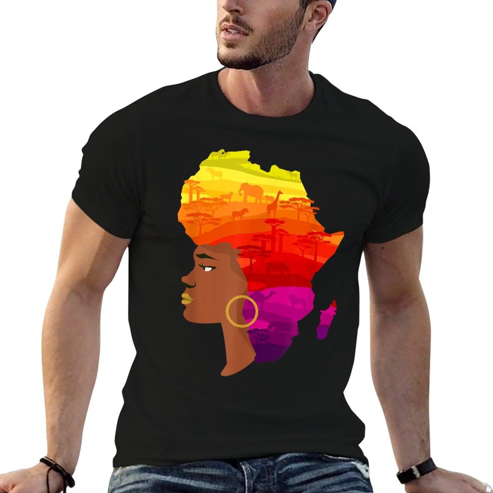 African American Women with Africa Map Hair Animal Landscape Comfortable T-Shirt