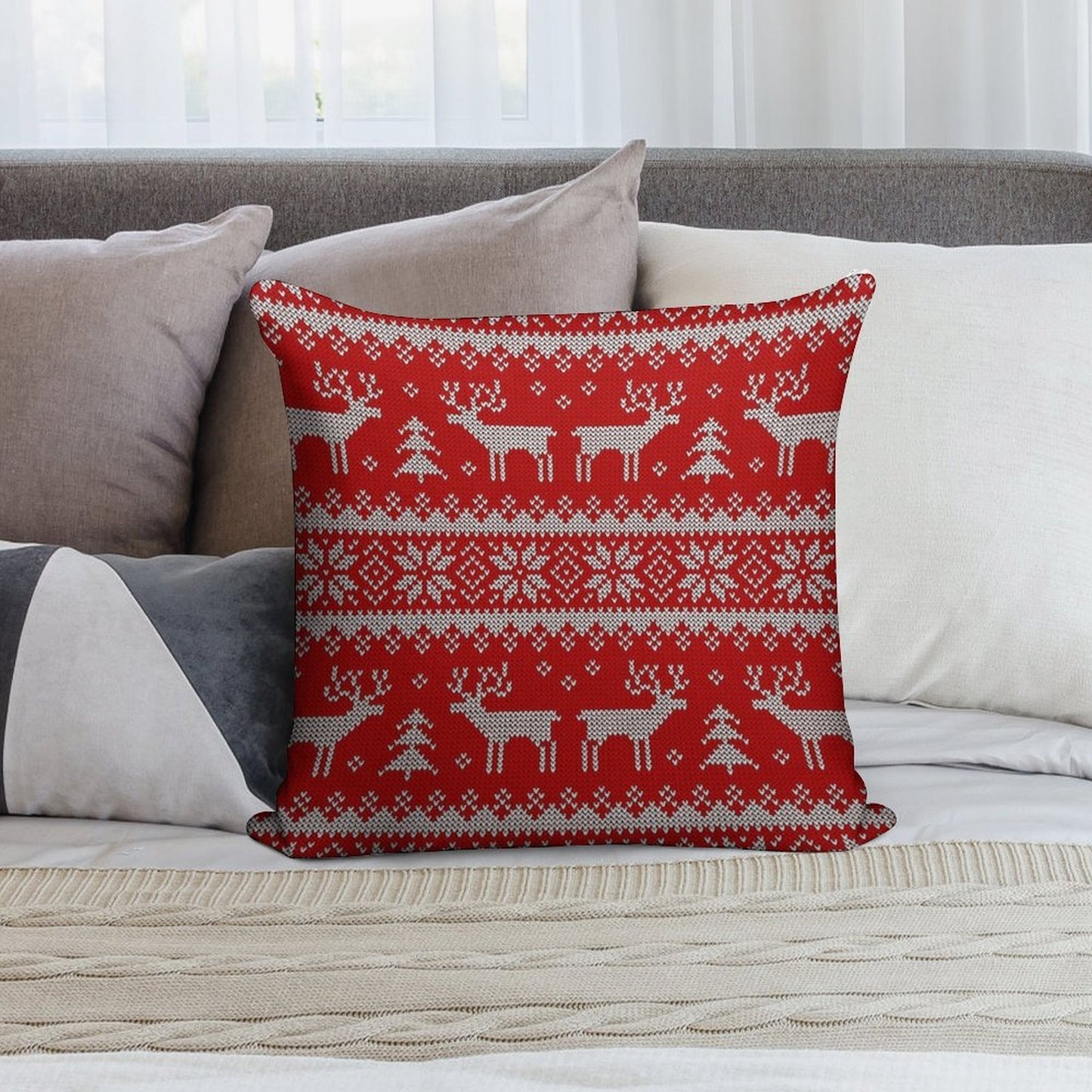 Scandinavian Ornament with Deers. Soft Reinforced Edging Throw Pillow