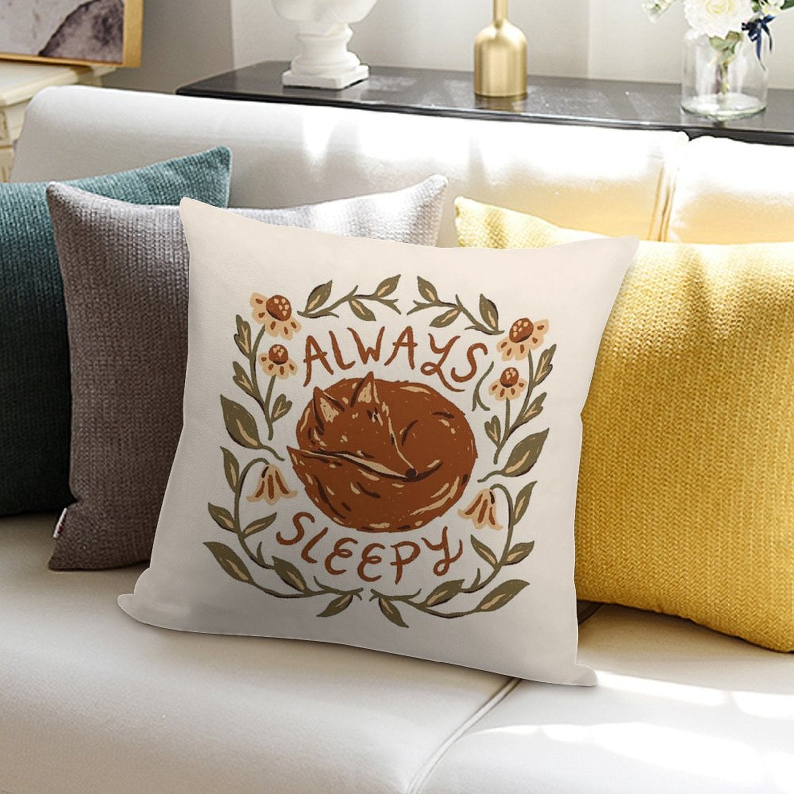 Always Sleepy Fox Soft Short Plush Fabric Throw Pillow