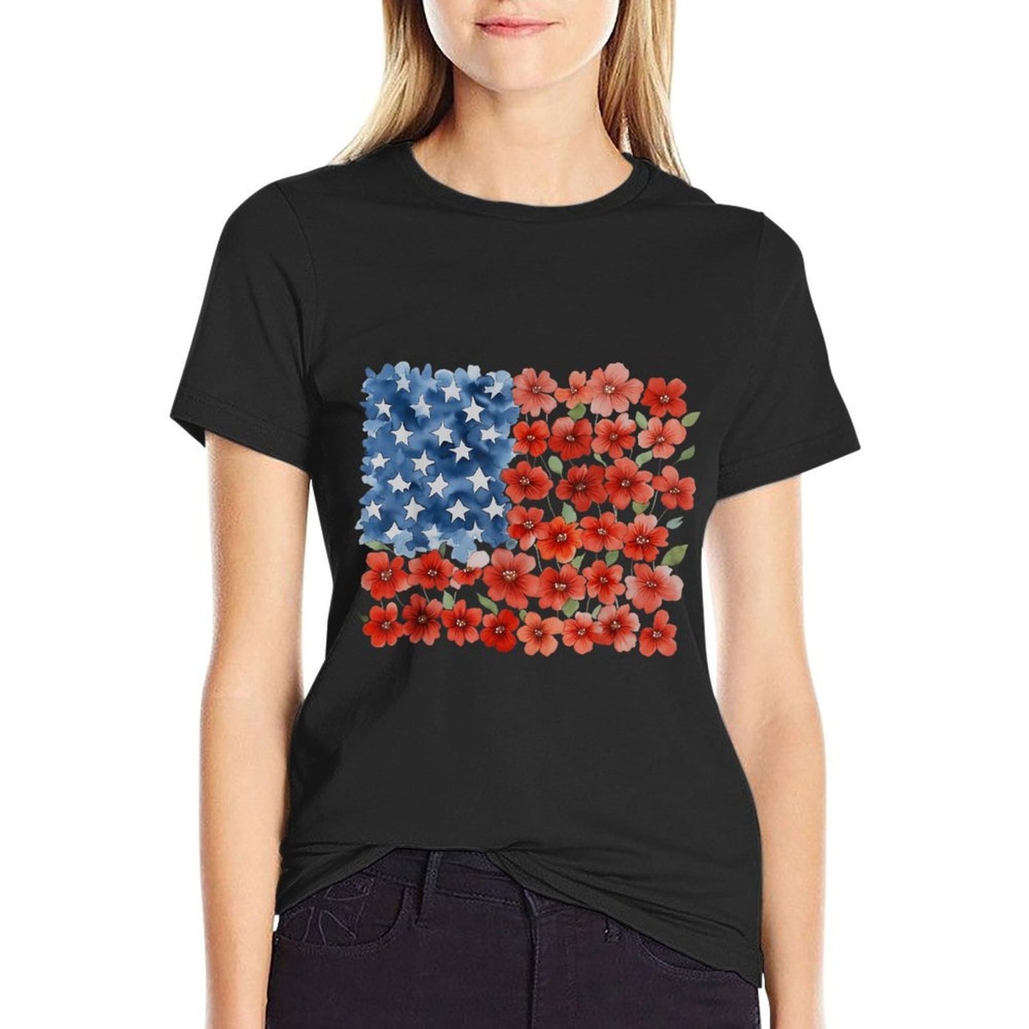 Retro Flower American USA Patriotic 4th Of July Women  High-quality Stitching T-Shirt