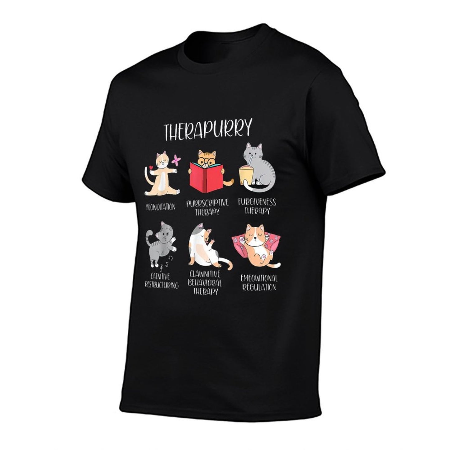 Therapurry Funny Cat Lover Therapy Cat Puns Mental Health Rolled Sleeves T-Shirt