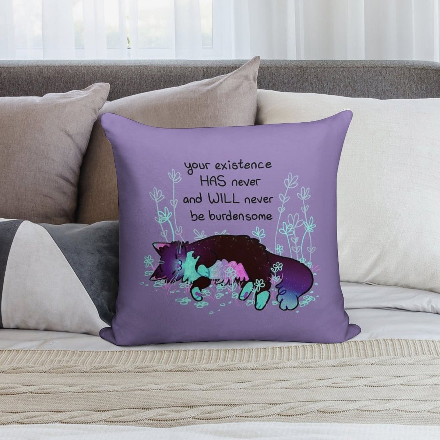 Your Existence Neon Sleepy Kitty Soft Washable Throw Pillow