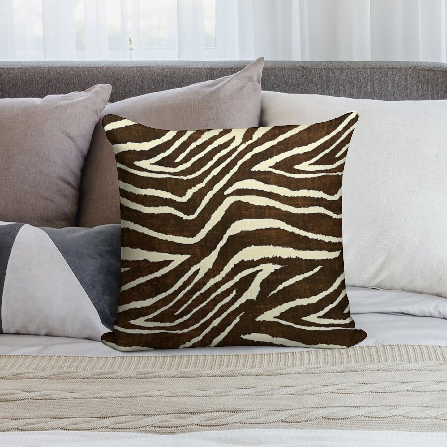 ZEBRA IN WINTER BROWN AND BEIGE ANIMAL PRINT Soft High-Density Material Throw Pillow