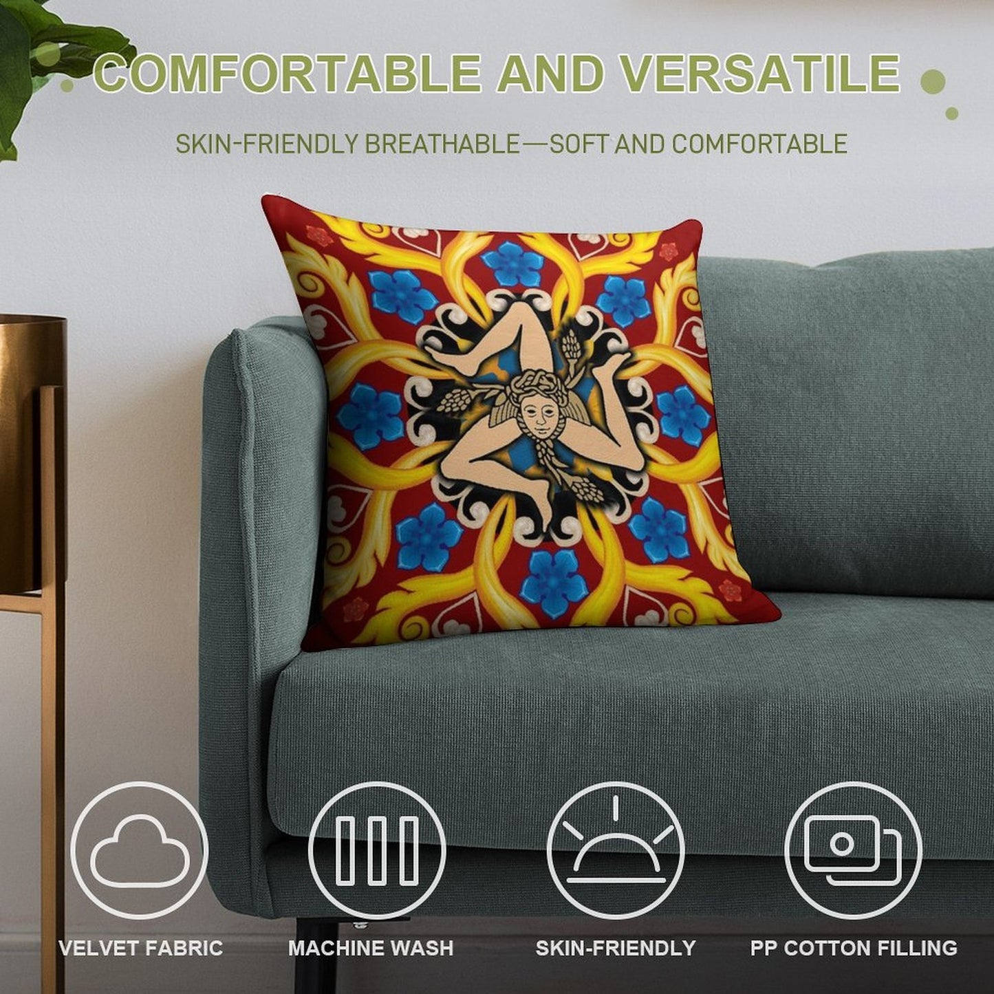 Sicilia Triscele Trinacria Maioliche Soft Fade-Resistant Throw Pillow