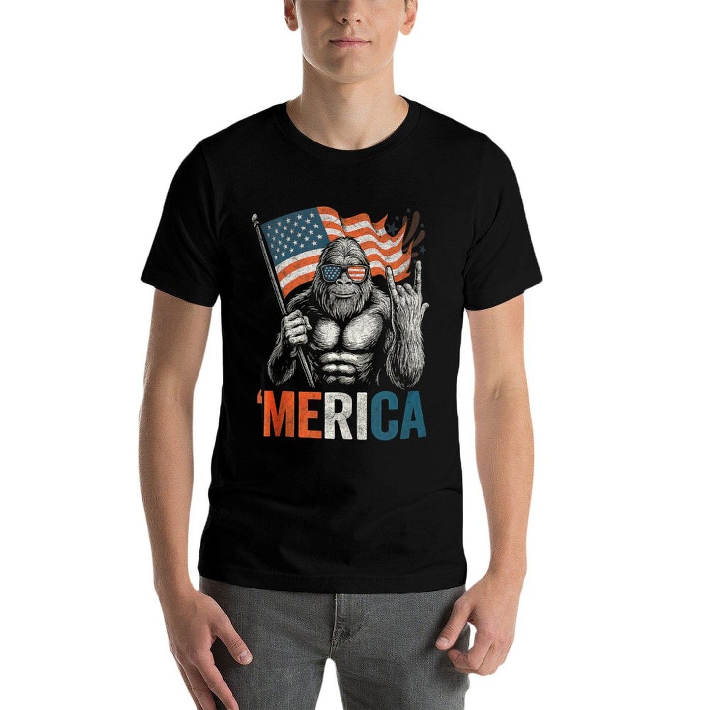 Vintage Bigfoot Merica Rock Usa Patriotic 4th of July Ribbed Collar T-Shirt