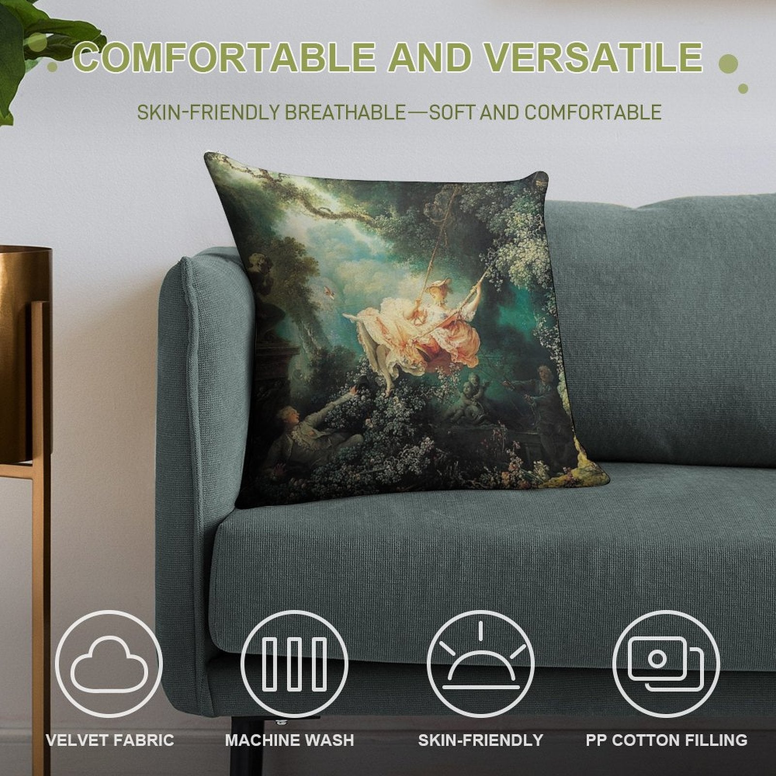 HD. The Swing, by Jean Honoré Fragonard HIGH DEFINITION Soft Reinforced Edging Throw Pillow