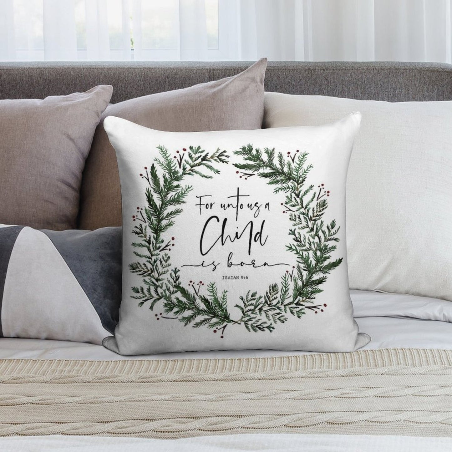 Unto Us A Child Is Born Pine Wreath Soft Shrink-Resistant Throw Pillow