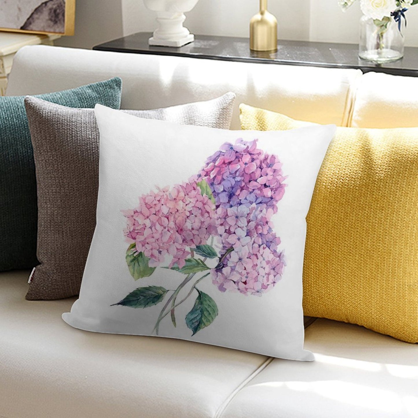 Watercolor Branch of Blooming Hydrangeas Soft Reinforced Edging Throw Pillow