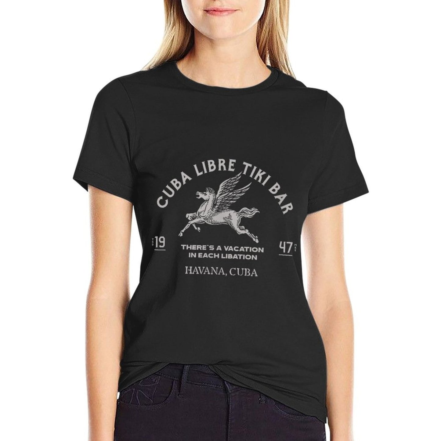 Tiki Bar Havana Cuba Libre 1947 Art Deco Vintage Distressed Black Polyester Heathered Texture T-Shirt