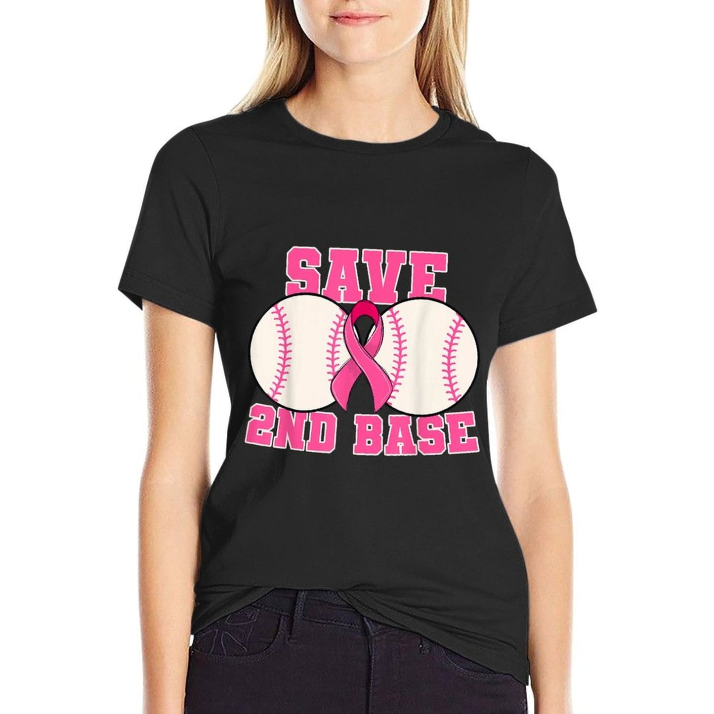 Save Second 2nd Base Breast Cancer Survivor Funny Baseball Fade-proof Color T-Shirt