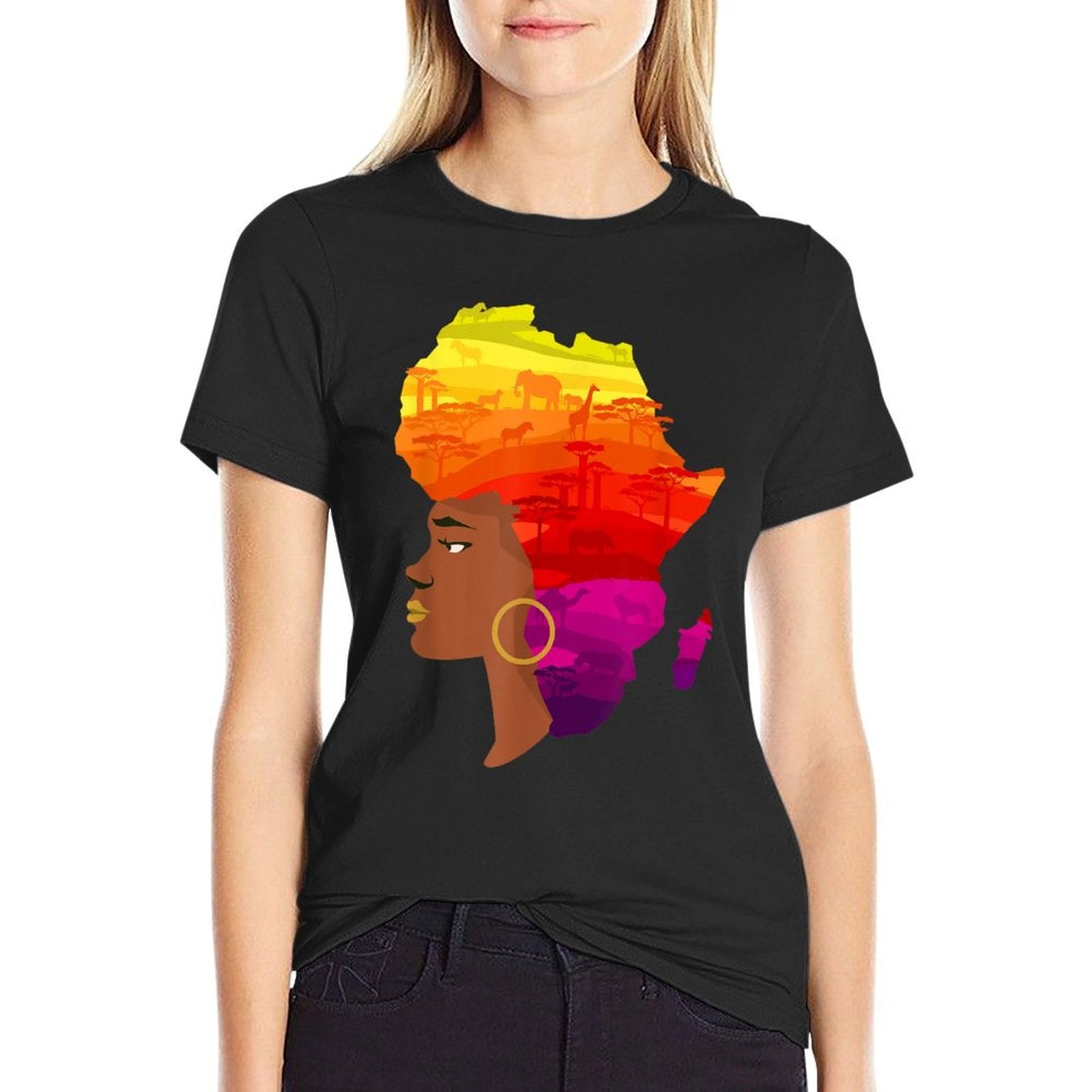 African American Women with Africa Map Hair Animal Landscape Comfortable T-Shirt