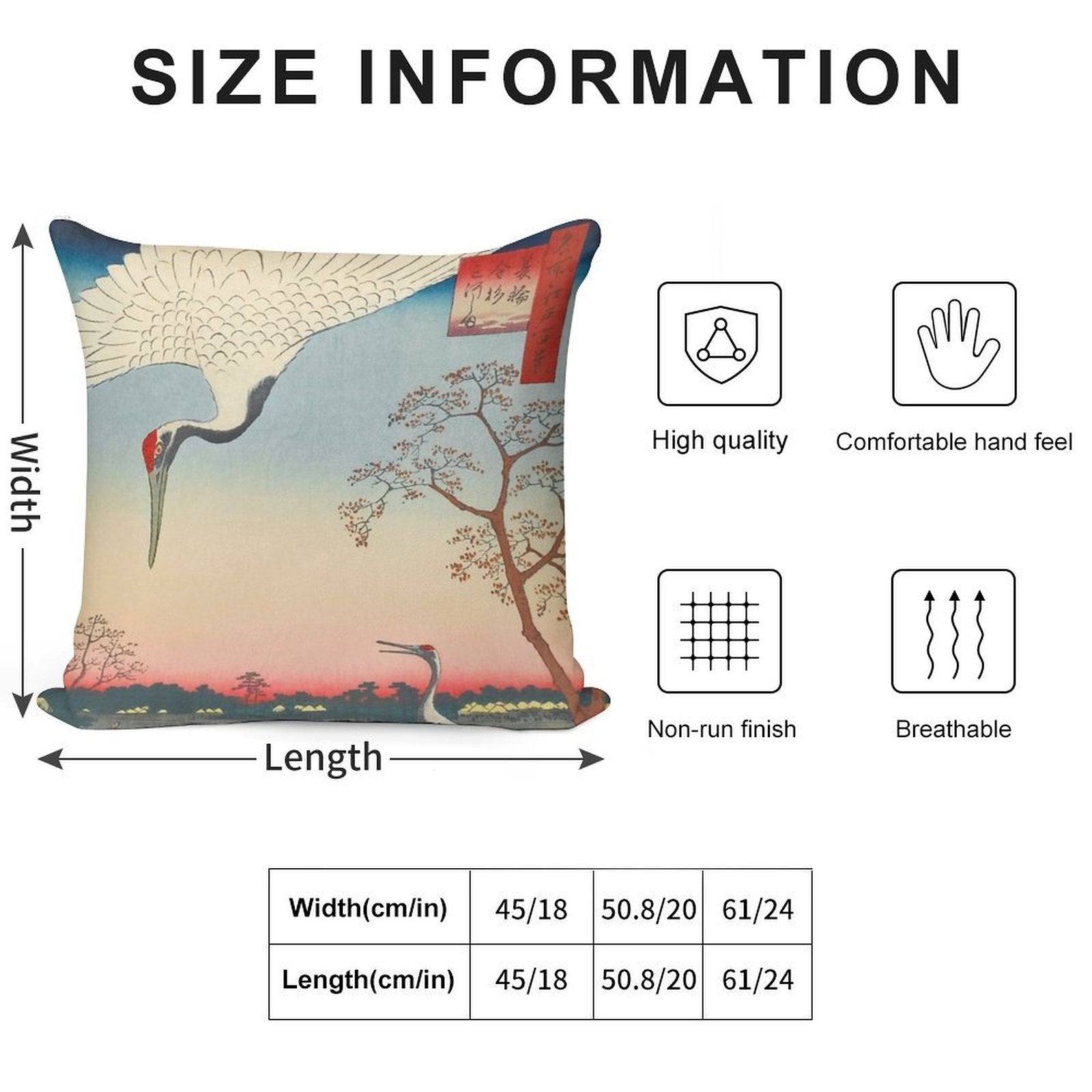 Red-crowned Crane Vintage Ukiyo-e Japanese Art Soft Short Plush Fabric Throw Pillow