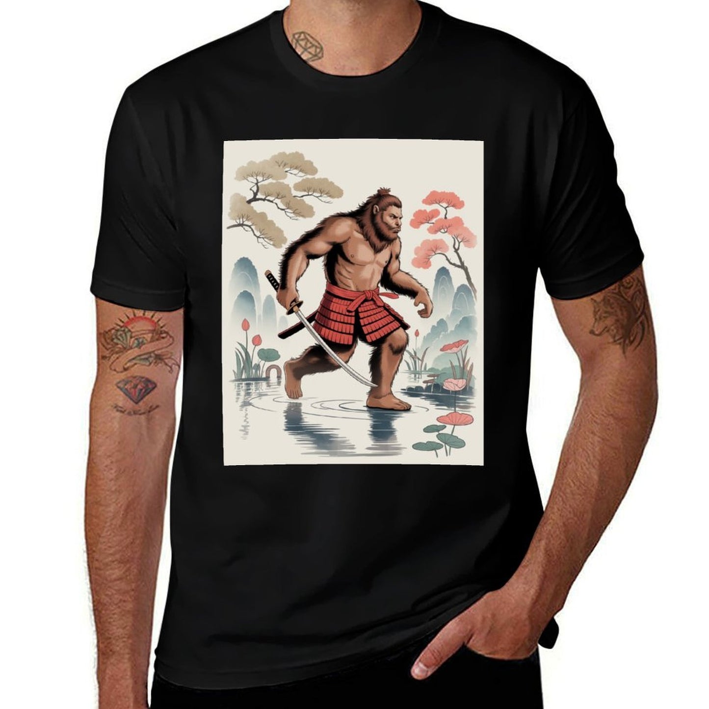 Samurai Bigfoot Ukiyo-e Art Japanese Vintage Graphic Funny Wrinkle-resistant T-Shirt