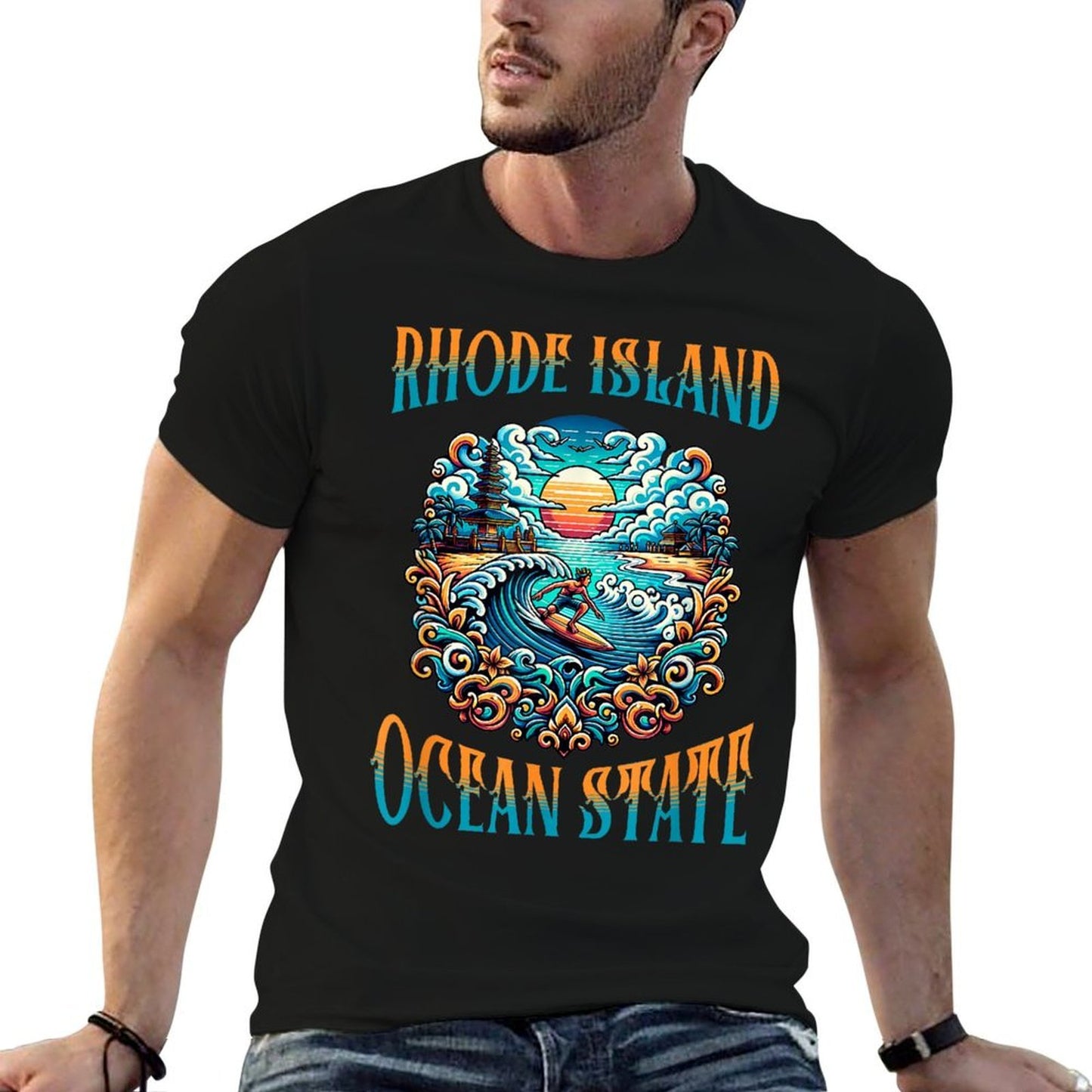 Rhode Island Ocean State Rolled Sleeves T-Shirt