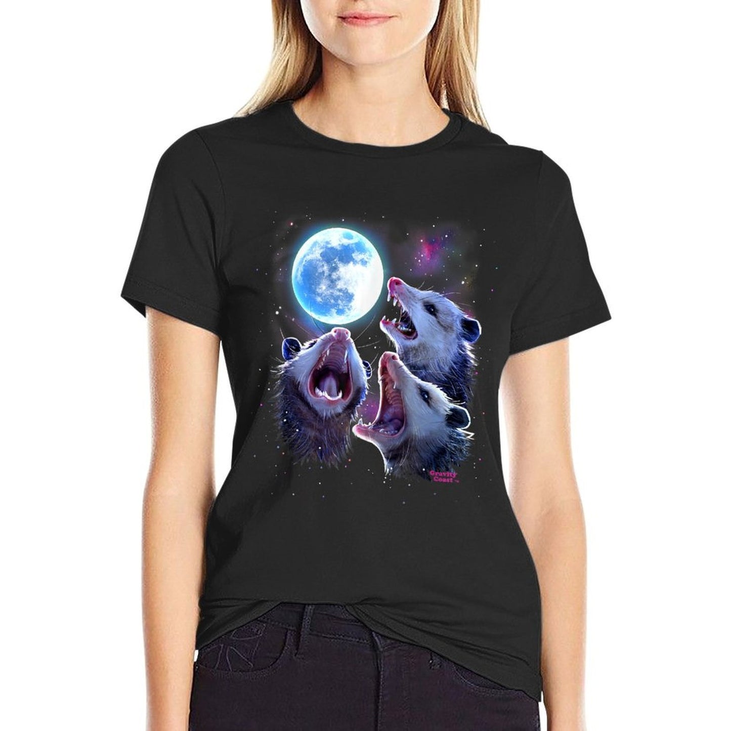 Three Opossums Howling at The Moon Funny Pet Possum Rolled Sleeves T-Shirt