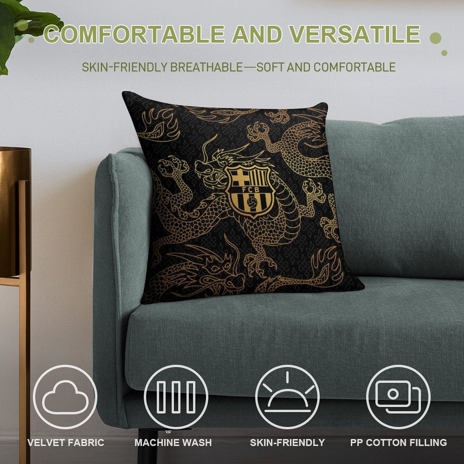 Barca Gold And Black Dragons Soft Reinforced Edging Throw Pillow