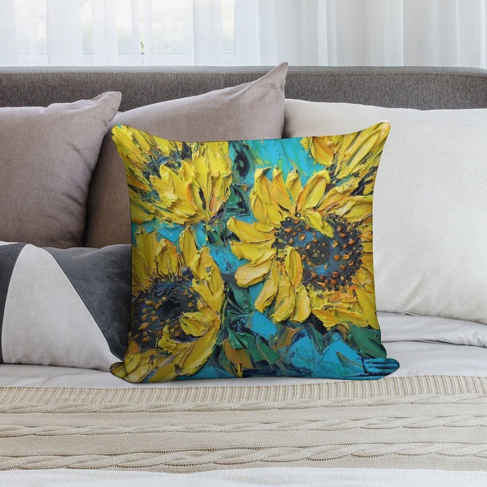 Van Gogh Inspired Sunflowers with Yellow And Turquoise Soft High-Density Material Throw Pillow