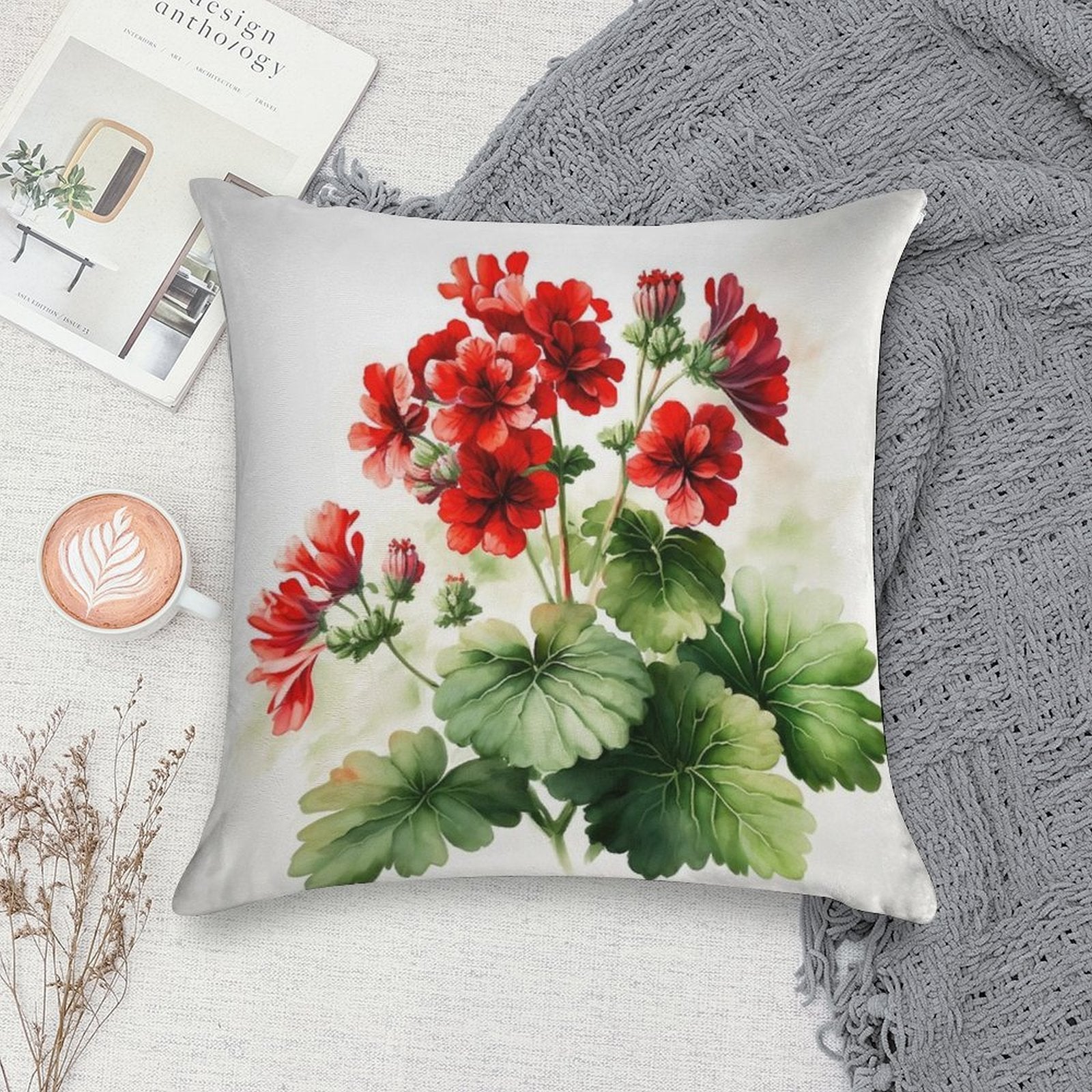 Red Geranium Flowers Soft Home Decor Throw Pillow