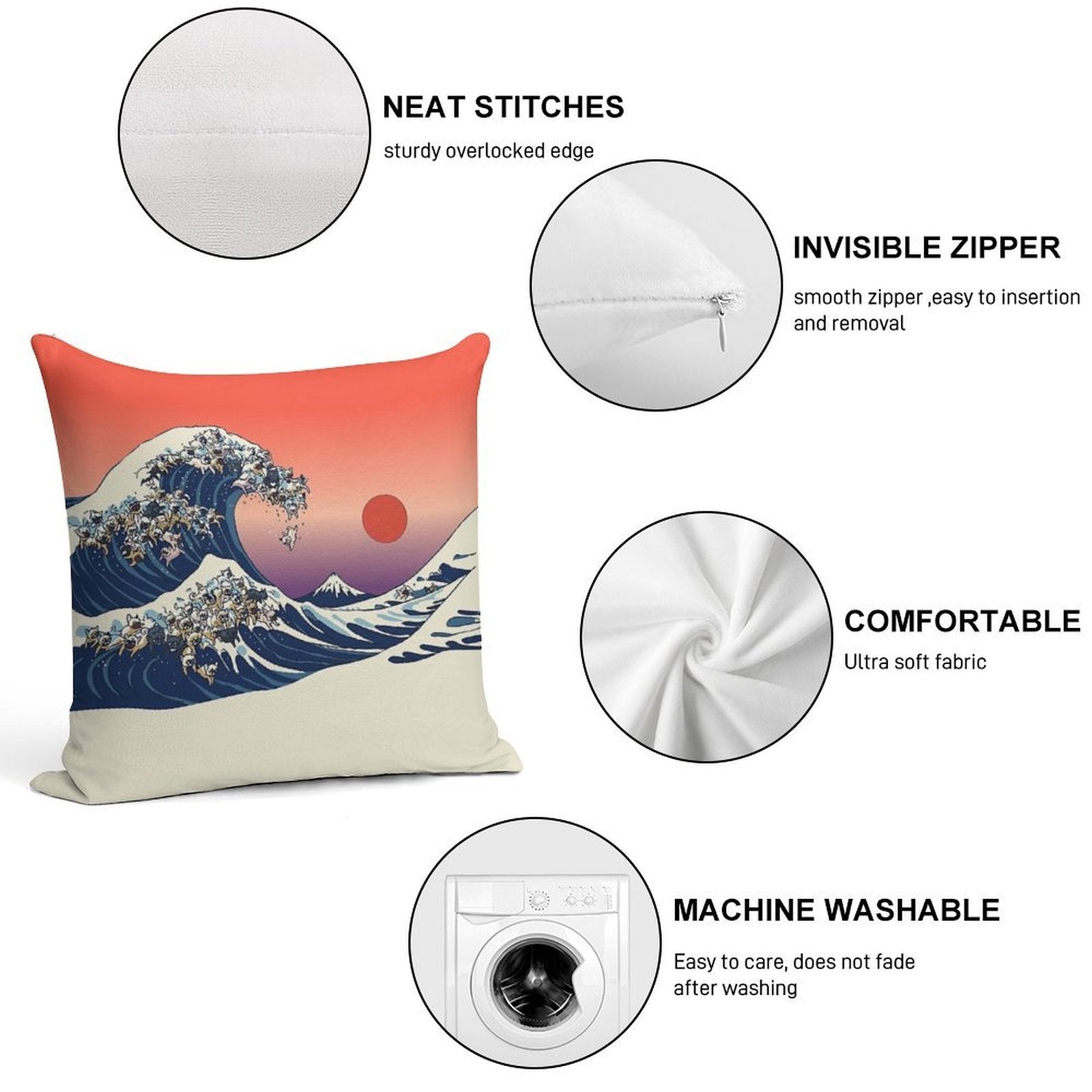 The Great Wave of French Bulldog Soft Easy Maintenance Throw Pillow