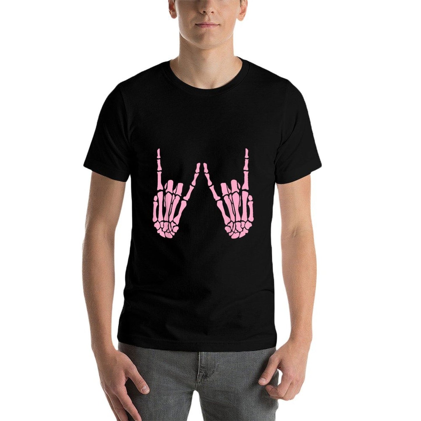 Skeleton Pink Rocker Hands Gothic Halloween Rock Music Polyester Blend T-Shirt