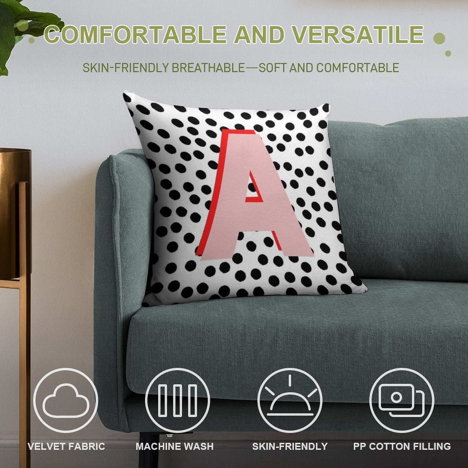 Black & White Dalmatian Print Spots With Pink Letter A Soft Durable Construction Throw Pillow