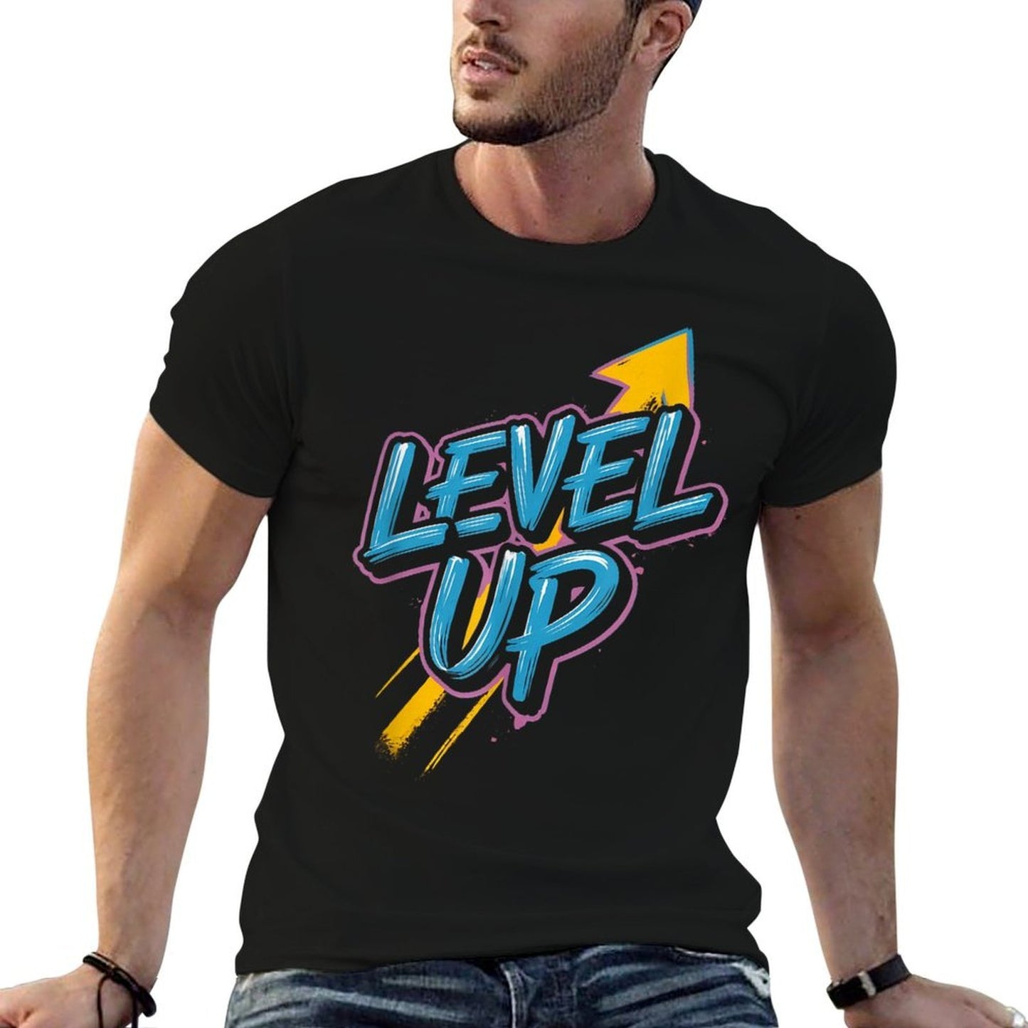 Retro Gaming Level Up Boys Girls Men Women  Ribbed Collar T-Shirt