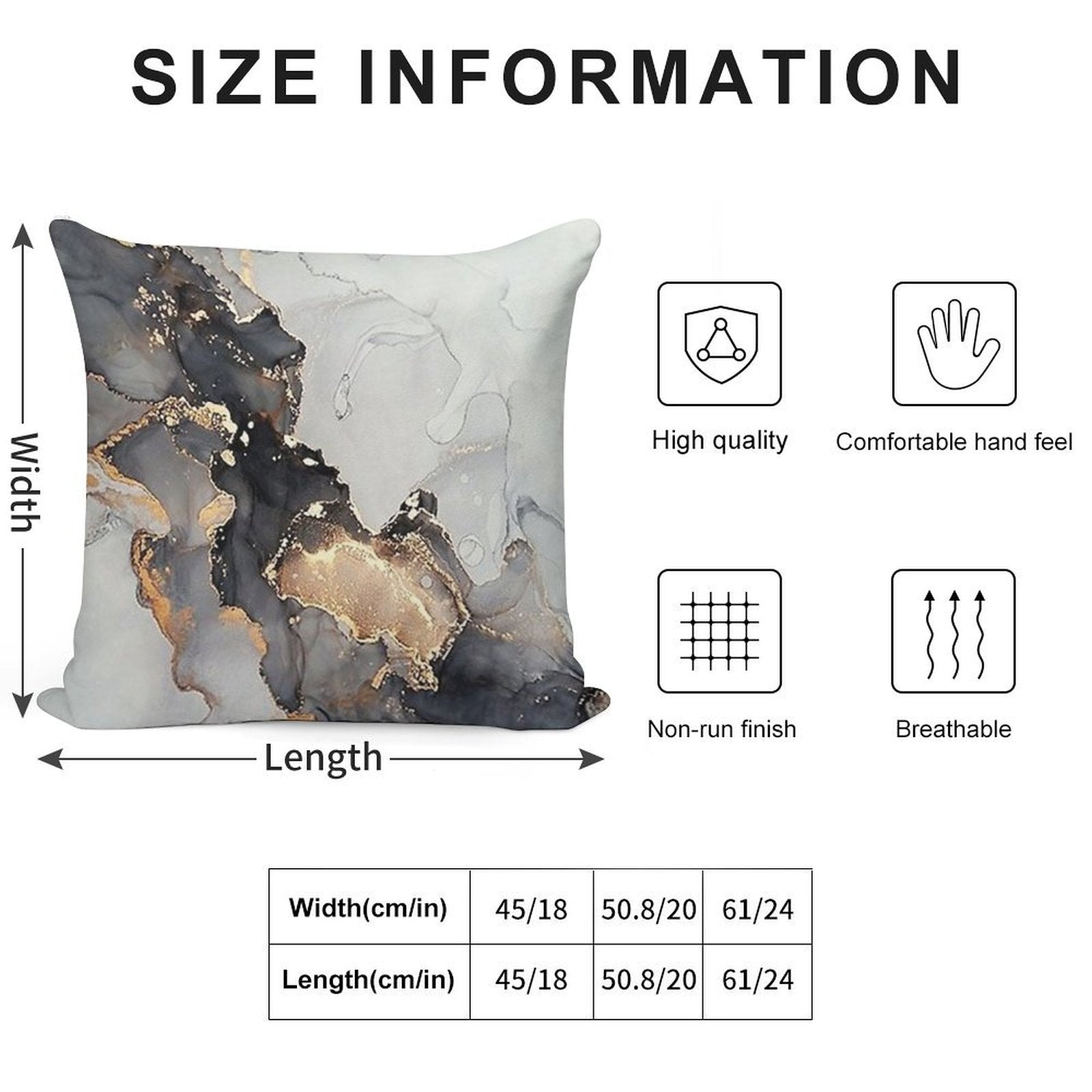 Marble Gray Black Gold Soft Washable Throw Pillow