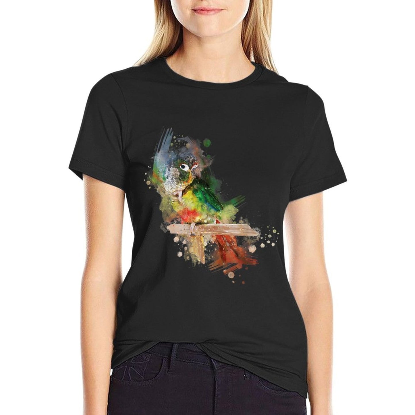 Watercolor Yellow Sided Green Cheek Conure Parrot Rolled Sleeves T-Shirt