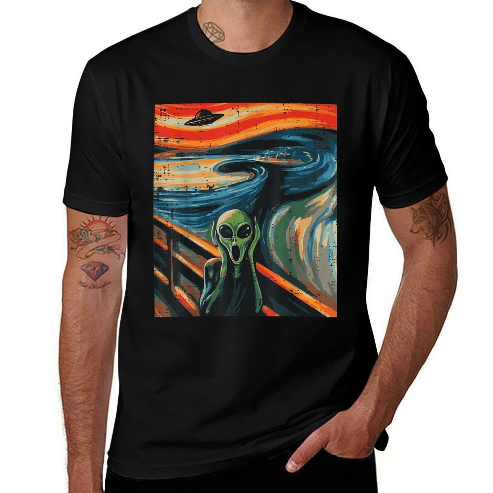 Alien Scream Painting Funny UFO Space Art Women Men Kids  Fade-proof Color T-Shirt