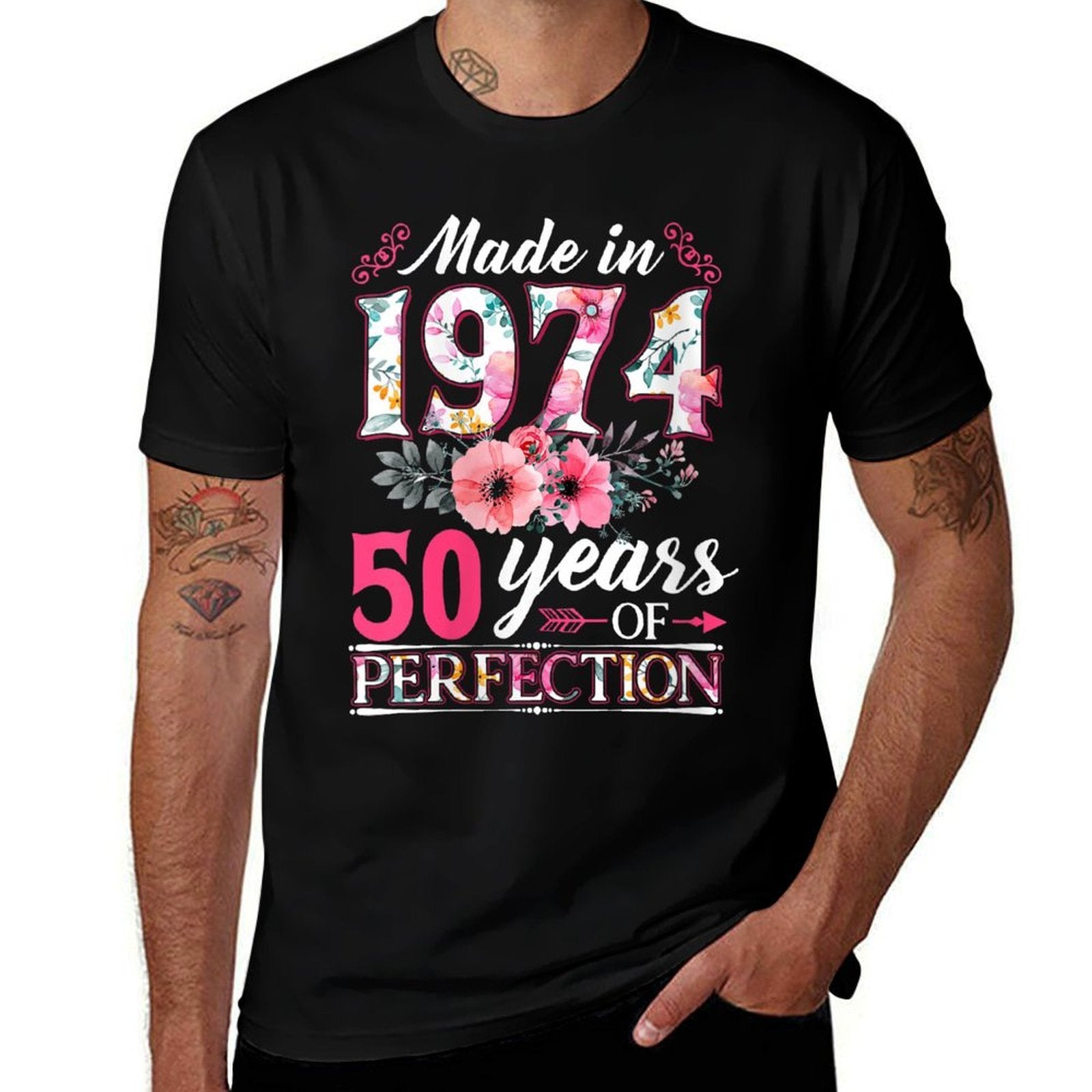 Womens 50 Year Old Made In 1974 Floral Flower 50th Birthday Womens Heathered Texture T-Shirt