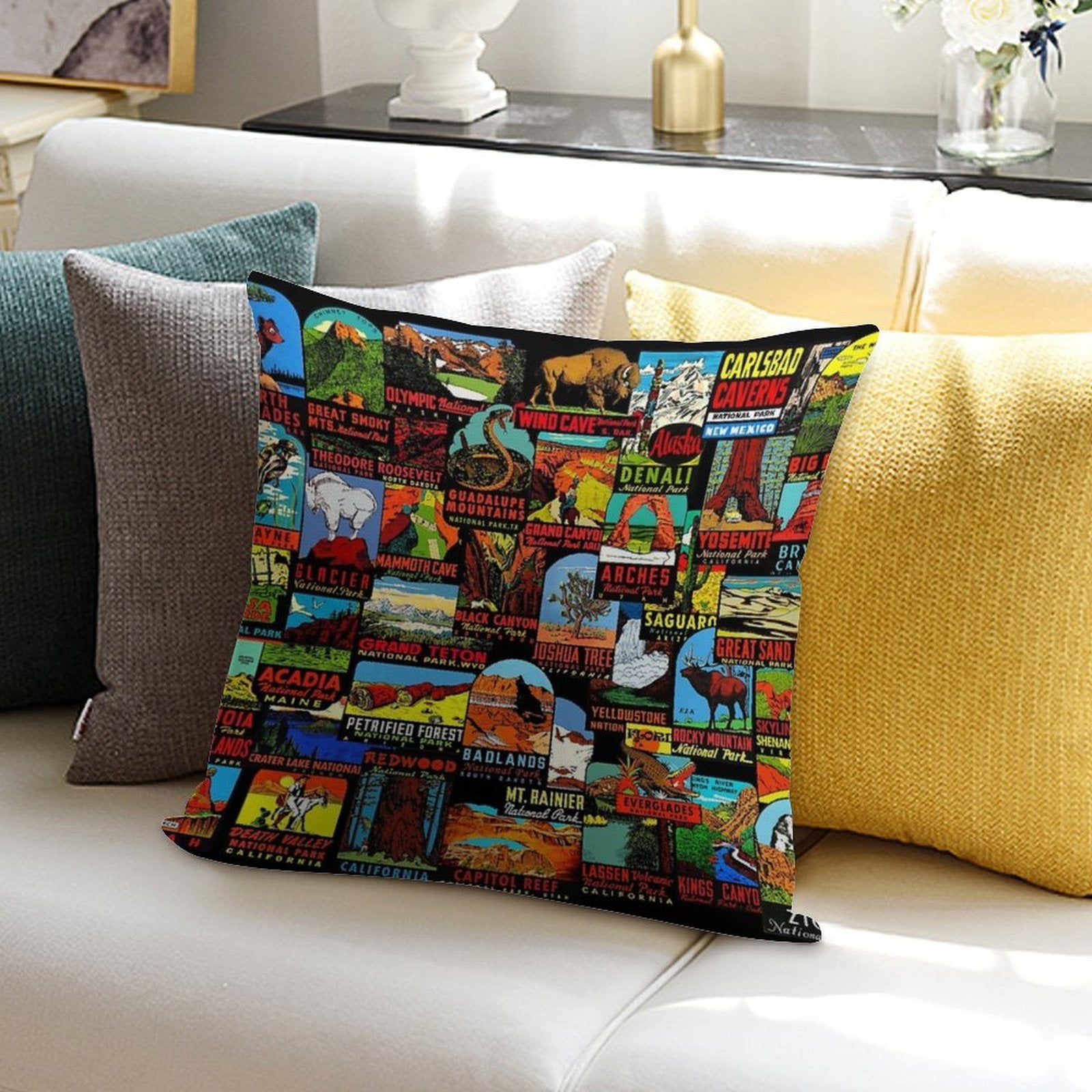 American National Parks Vintage Travel Decal Bomb Soft Short Plush Fabric Throw Pillow