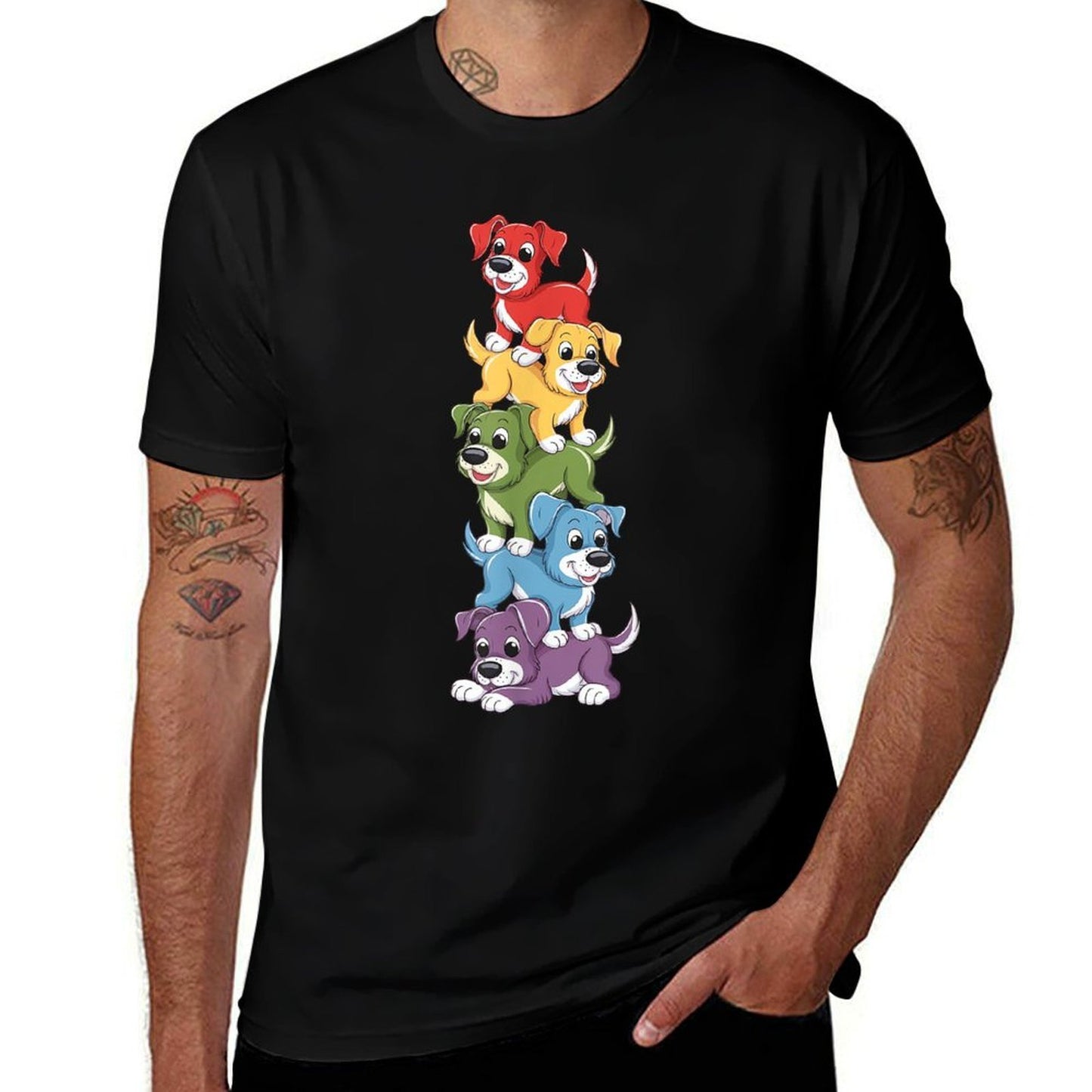 Vintage LGBT Dog Stack Rainbow Gay Pride For Dog Lover Graphic-printed T-Shirt