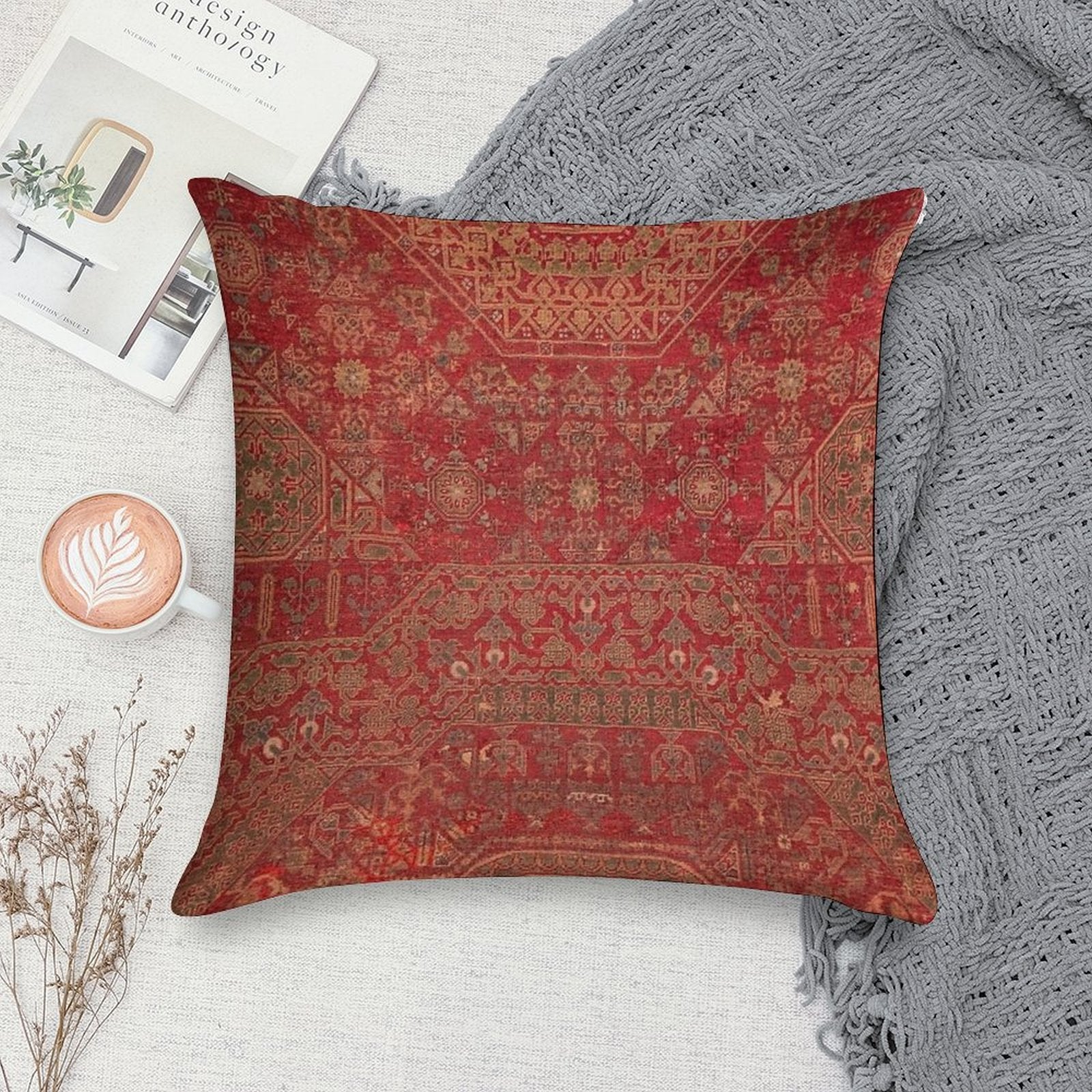 Bohemian Medallion II  15th Century Old Distressed Red Green Colorful Ornate Accent Rug Pattern Soft Ultra-Soft Texture Throw Pillow