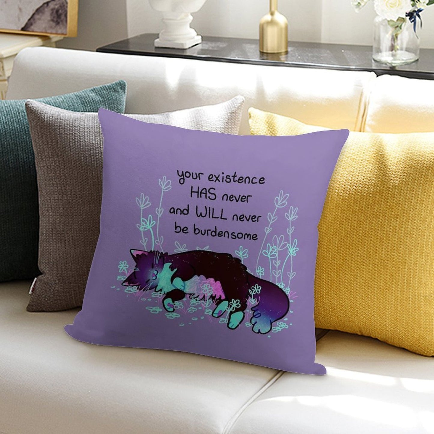 Your Existence Neon Sleepy Kitty Soft Washable Throw Pillow