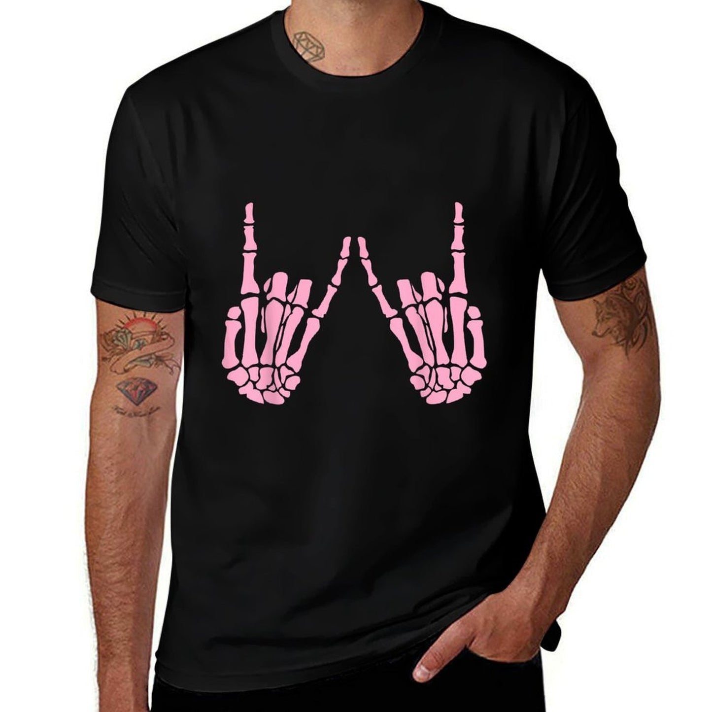 Skeleton Pink Rocker Hands Gothic Halloween Rock Music Polyester Blend T-Shirt