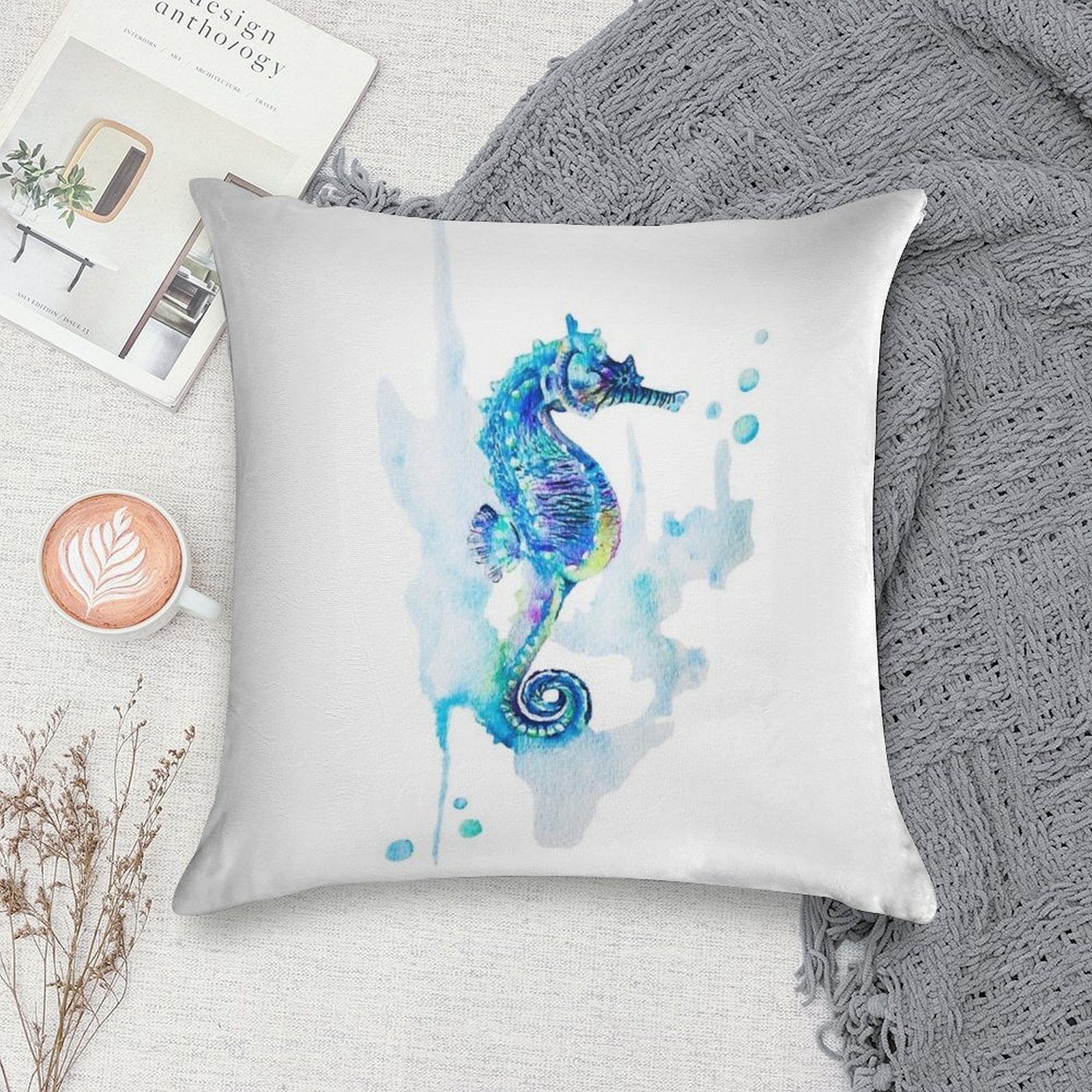 Watercolor Seahorse Soft Durable Construction Throw Pillow